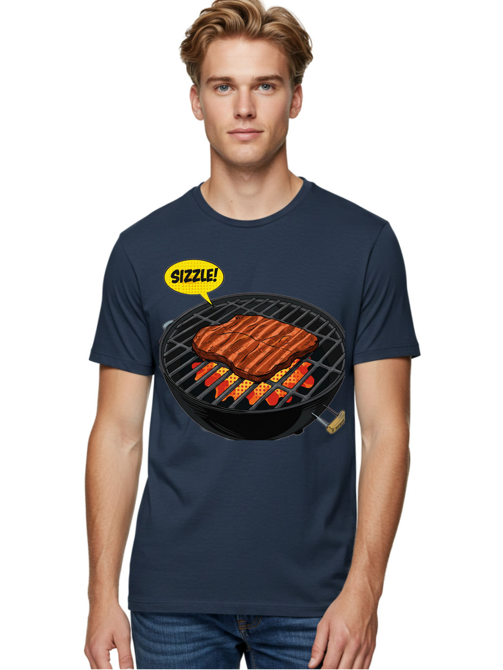 Sizzle Men'S Graphic Tee, 100% Cotton, Comfortable Casual Summer Wear, Machine Washable, Grilled Steak, Barbecue, Sizzling Meat, Grill Marks, Cooking On Grill, Bbq Flavors, Mouth-Watering Bac408