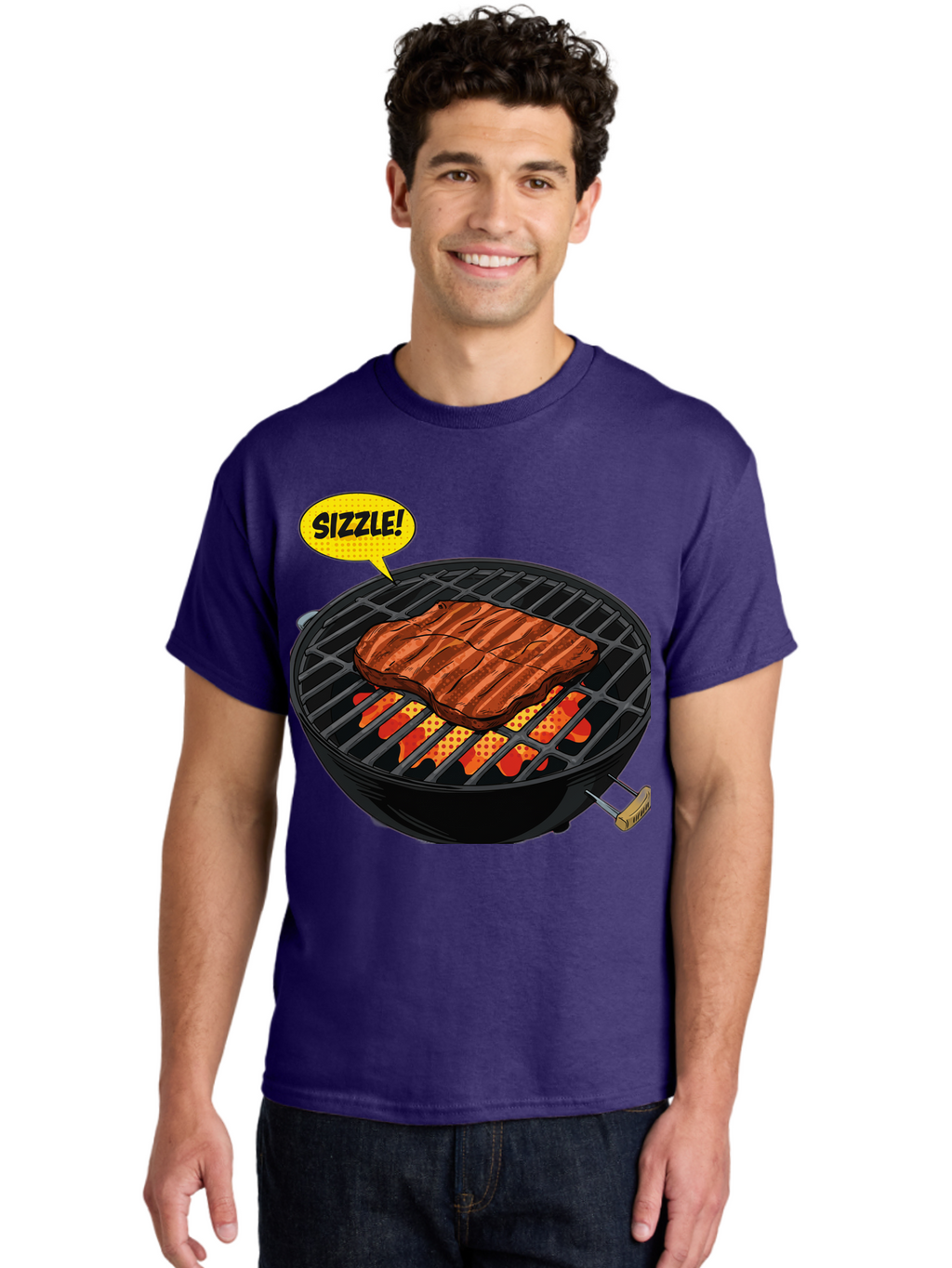Sizzle Men'S Graphic Tee, 100% Cotton, Comfortable Casual Summer Wear, Machine Washable, Grilled Steak, Barbecue, Sizzling Meat, Grill Marks, Cooking On Grill, Bbq Flavors, Mouth-Watering Bac408