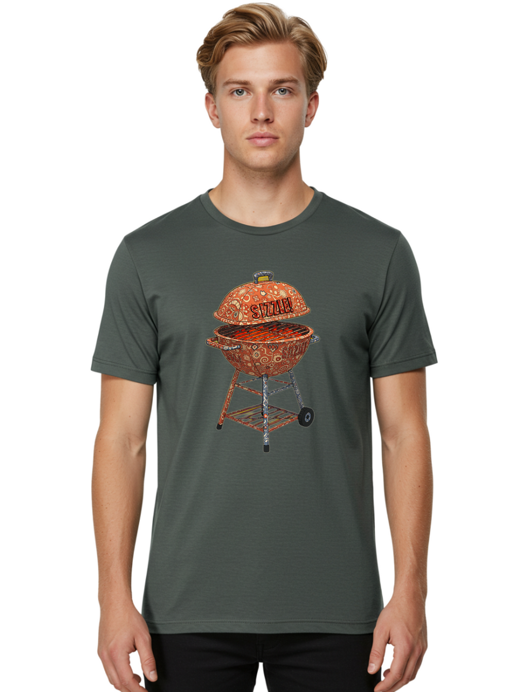 Sizzlin-Grill Men'S Graphic Tee, 100% Cotton, Comfortable Casual Summer Wear, Machine Washable, Bbq Grill, Sizzling Hot Coals, Outdoor Cooking, Grill Master, Backyard Barbecue, Summer Food, Delicious Meals, Grilling Season, Savory Flavors, Bac409