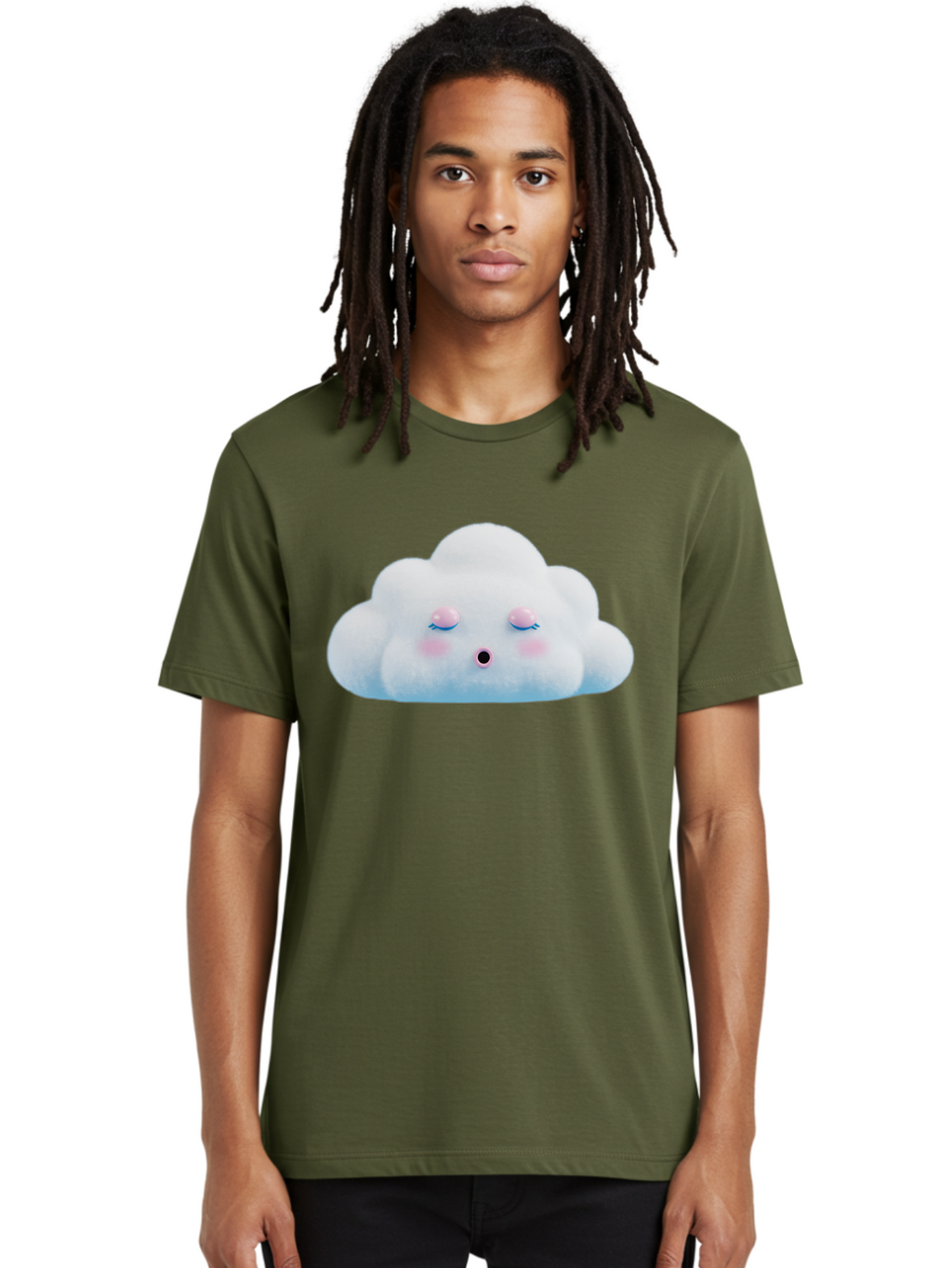 Sleeping-Cloud Men'S Graphic Tee, 100% Cotton, Comfortable Casual Summer Wear, Machine Washable, Cute Cloud, Fluffy White Cloud, Sleeping Face, Pastel Colors, Kawaii Design, Cloud Character, Soft Pink Cheeks, Closed Eyes, Serene Atmosphere, Bac410