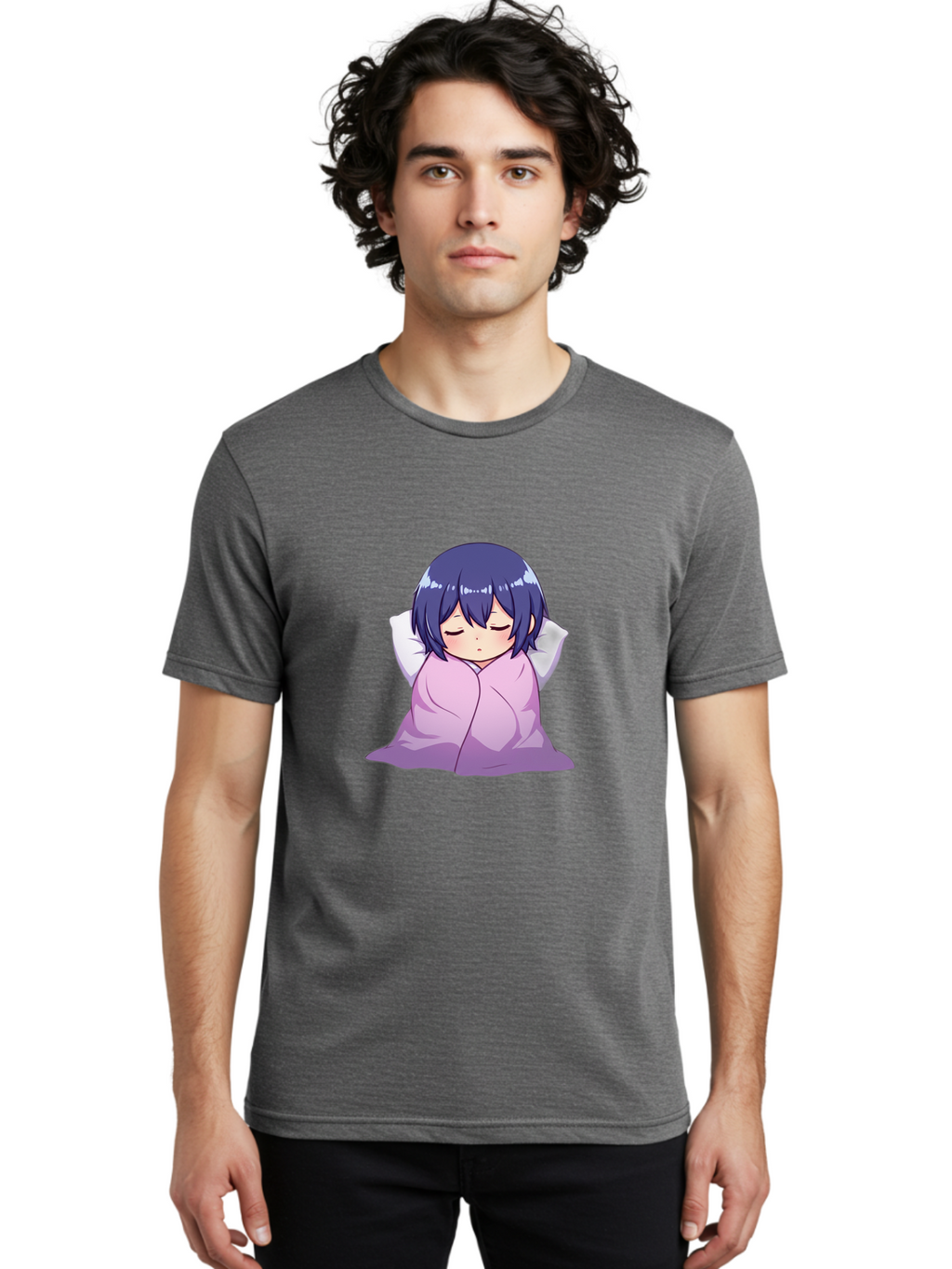 Sleeping-Girl Men'S Graphic Tee, 100% Cotton, Comfortable Casual Summer Wear, Machine Washable, Anime Girl Sleeping, Peaceful, Purple Hair, Wrapped In Blanket, Restful Sleep, Cozy Atmosphere, Kawaii Art, Cartoon Character Bac411