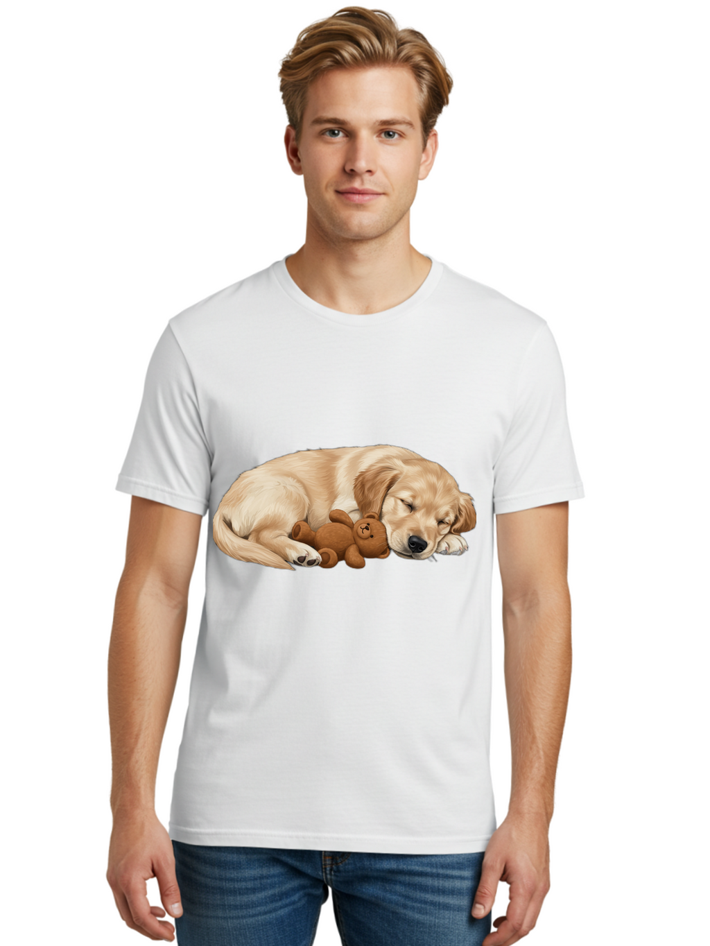 Sleeping-Golden-Retriever-1 Men'S Graphic Tee, 100% Cotton, Comfortable Casual Summer Wear, Machine Washable, Sleeping Golden Retriever, Cuddly Dog, Teddy Bear, Adorable Animal, Peaceful Slumber, Cute Companions, Loving Friendship, Bac412