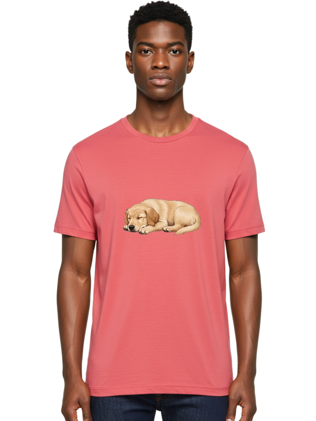 Sleeping-Golden-Retriever-2 Men'S Graphic Tee, 100% Cotton, Comfortable Casual Summer Wear, Machine Washable, Golden Retriever Puppy, Sleeping Dog, Adorable Pet, Cartoon Illustration, Cute Animal, Peaceful Sleep, Relaxed Puppy, Furry Friend, Bac413