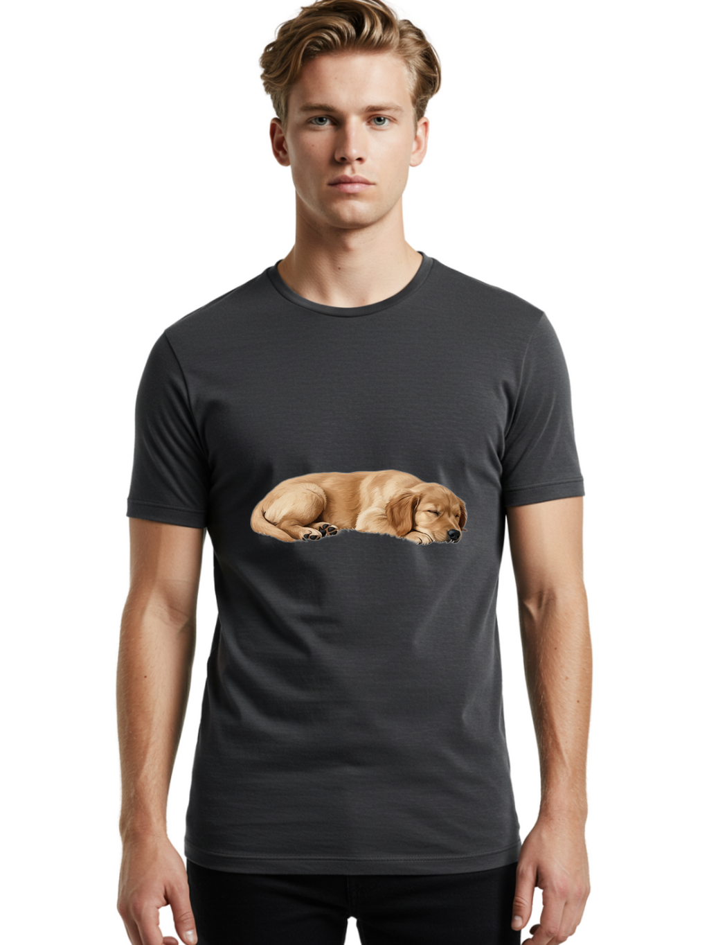Sleeping-Golden-Retriever-Dog Men'S Graphic Tee, 100% Cotton, Comfortable Casual Summer Wear, Machine Washable, Sleeping Dog, Golden Retriever, Peaceful Animal, Resting Pet, Calm Canine, Adorable Dog, Dog Sleep, Serene Pet, Relaxing Animal Bac414