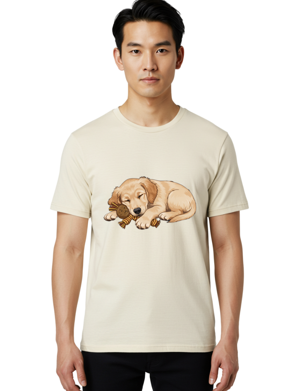 Sleeping-Golden-Retriever-Puppy Men'S Graphic Tee, 100% Cotton, Comfortable Casual Summer Wear, Machine Washable, Puppy Sleeping, Cute Dog, Adorable Puppy, Sleeping Dog, Dog Toy, Favorite Toy, Cartoon Dog, Golden Retriever Puppy, Furry Friend, Bac415