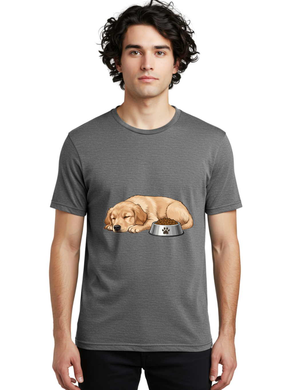 Sleeping-Golden-Retriever Men'S Graphic Tee, 100% Cotton, Comfortable Casual Summer Wear, Machine Washable, Sleeping Golden Retriever, Dog Bowl With Kibble, Paw Print On Bowl, Cute Animal Illustration, Pet Care, Dog'S Meal Time, Bac416