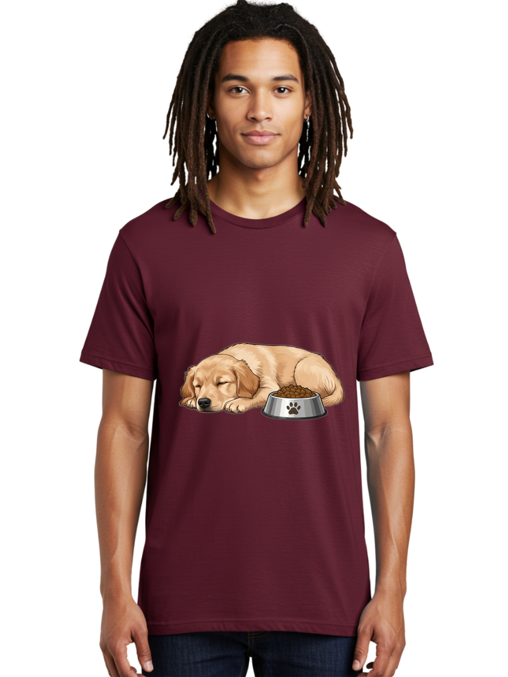 Sleeping-Golden-Retriever Men'S Graphic Tee, 100% Cotton, Comfortable Casual Summer Wear, Machine Washable, Sleeping Golden Retriever, Dog Bowl With Kibble, Paw Print On Bowl, Cute Animal Illustration, Pet Care, Dog'S Meal Time, Bac416