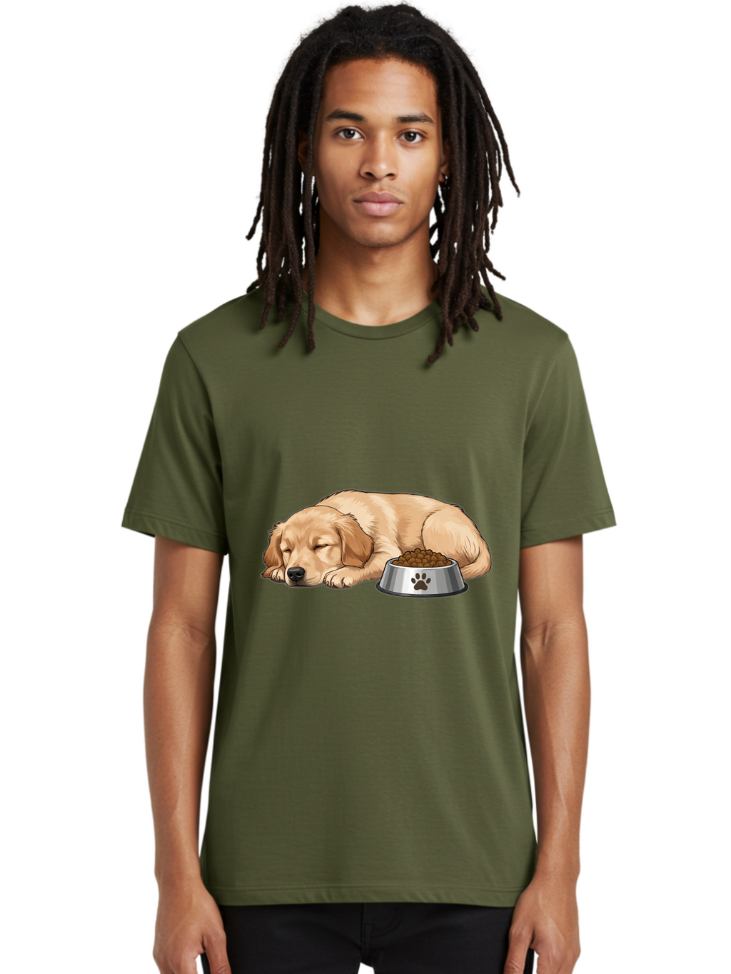 Sleeping-Golden-Retriever Men'S Graphic Tee, 100% Cotton, Comfortable Casual Summer Wear, Machine Washable, Sleeping Golden Retriever, Dog Bowl With Kibble, Paw Print On Bowl, Cute Animal Illustration, Pet Care, Dog'S Meal Time, Bac416