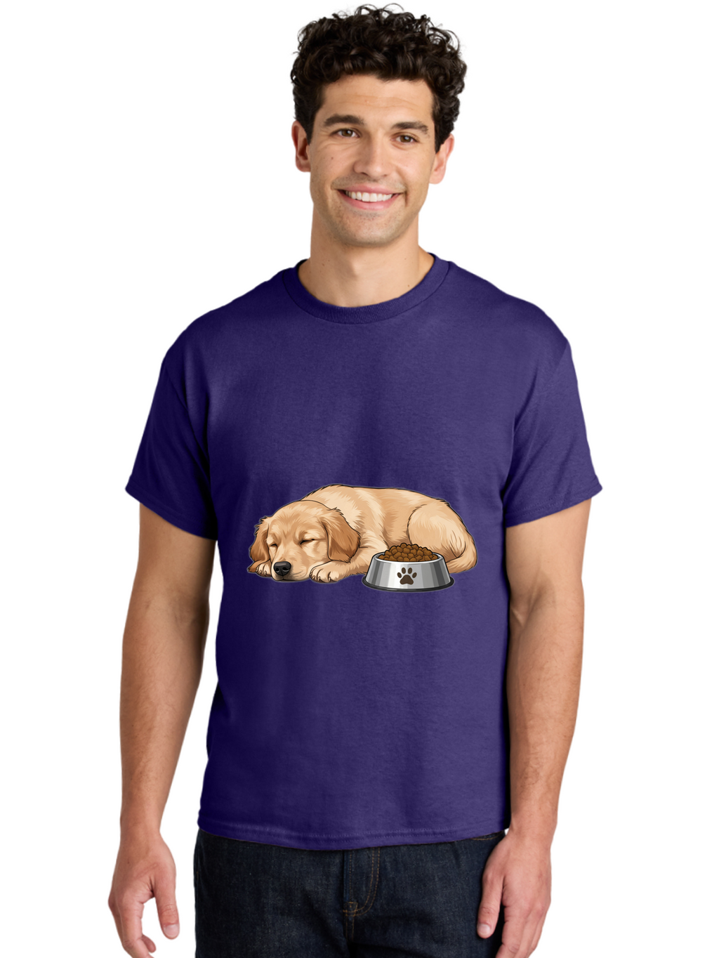 Sleeping-Golden-Retriever Men'S Graphic Tee, 100% Cotton, Comfortable Casual Summer Wear, Machine Washable, Sleeping Golden Retriever, Dog Bowl With Kibble, Paw Print On Bowl, Cute Animal Illustration, Pet Care, Dog'S Meal Time, Bac416