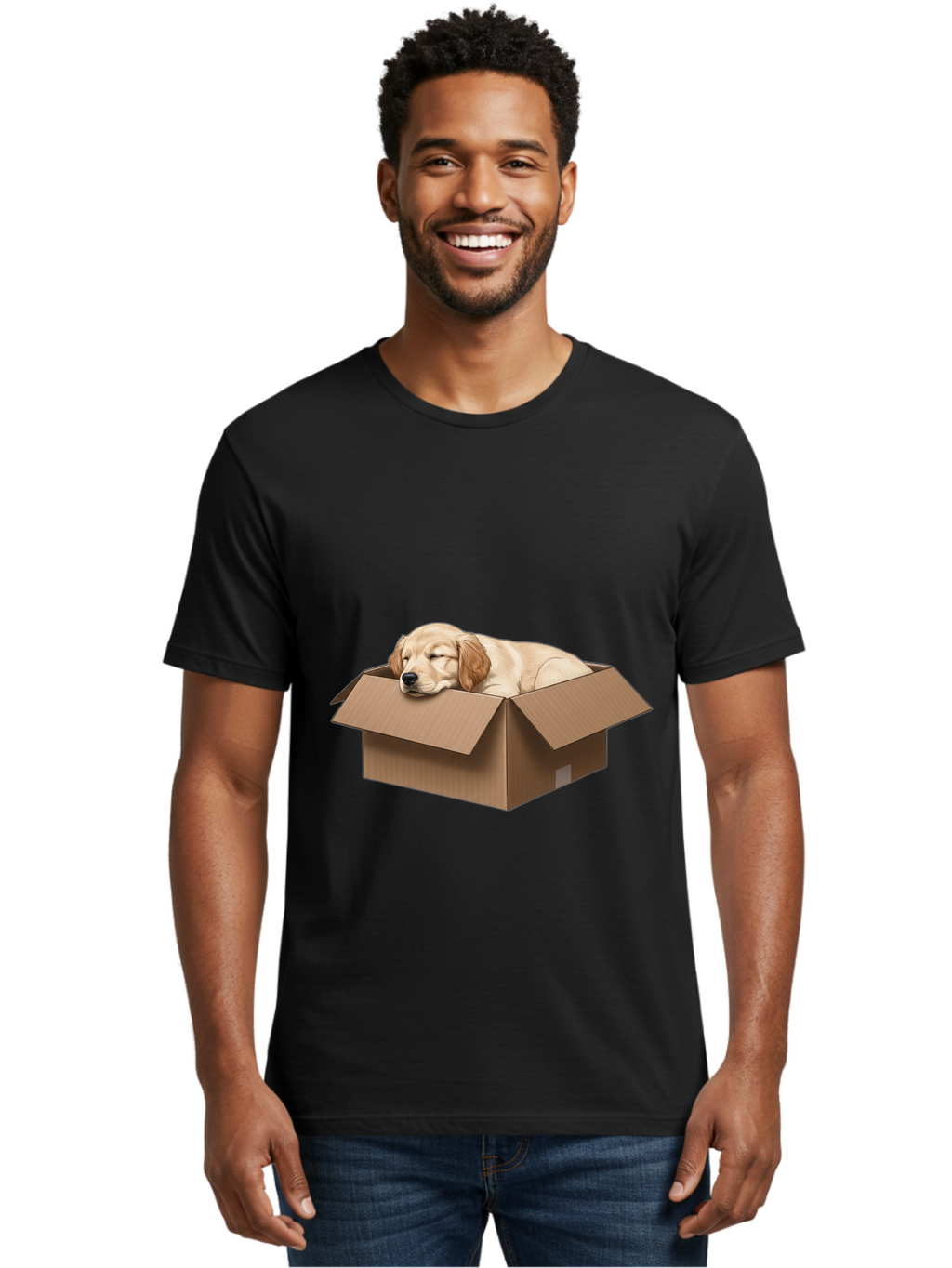 Sleeping-Puppy-1 Men'S Graphic Tee, 100% Cotton, Comfortable Casual Summer Wear, Machine Washable, Sleeping Puppy, Cardboard Box, Adorable Dog, Cute Animal, Resting Pet, Dog In Box, Peaceful Scene, Puppy Love, Cozy Atmosphere, Sweet Dreams Bac417