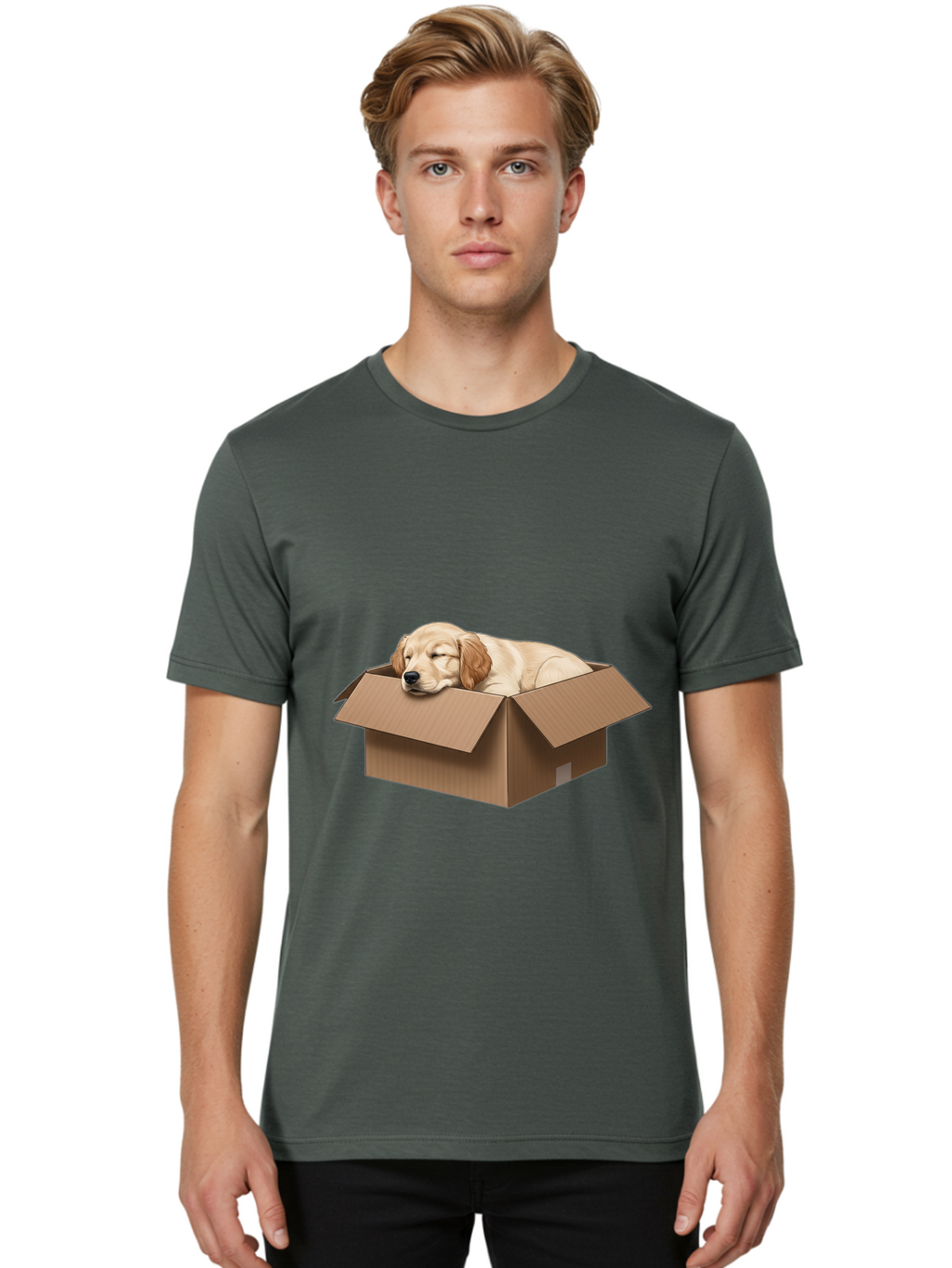 Sleeping-Puppy-1 Men'S Graphic Tee, 100% Cotton, Comfortable Casual Summer Wear, Machine Washable, Sleeping Puppy, Cardboard Box, Adorable Dog, Cute Animal, Resting Pet, Dog In Box, Peaceful Scene, Puppy Love, Cozy Atmosphere, Sweet Dreams Bac417