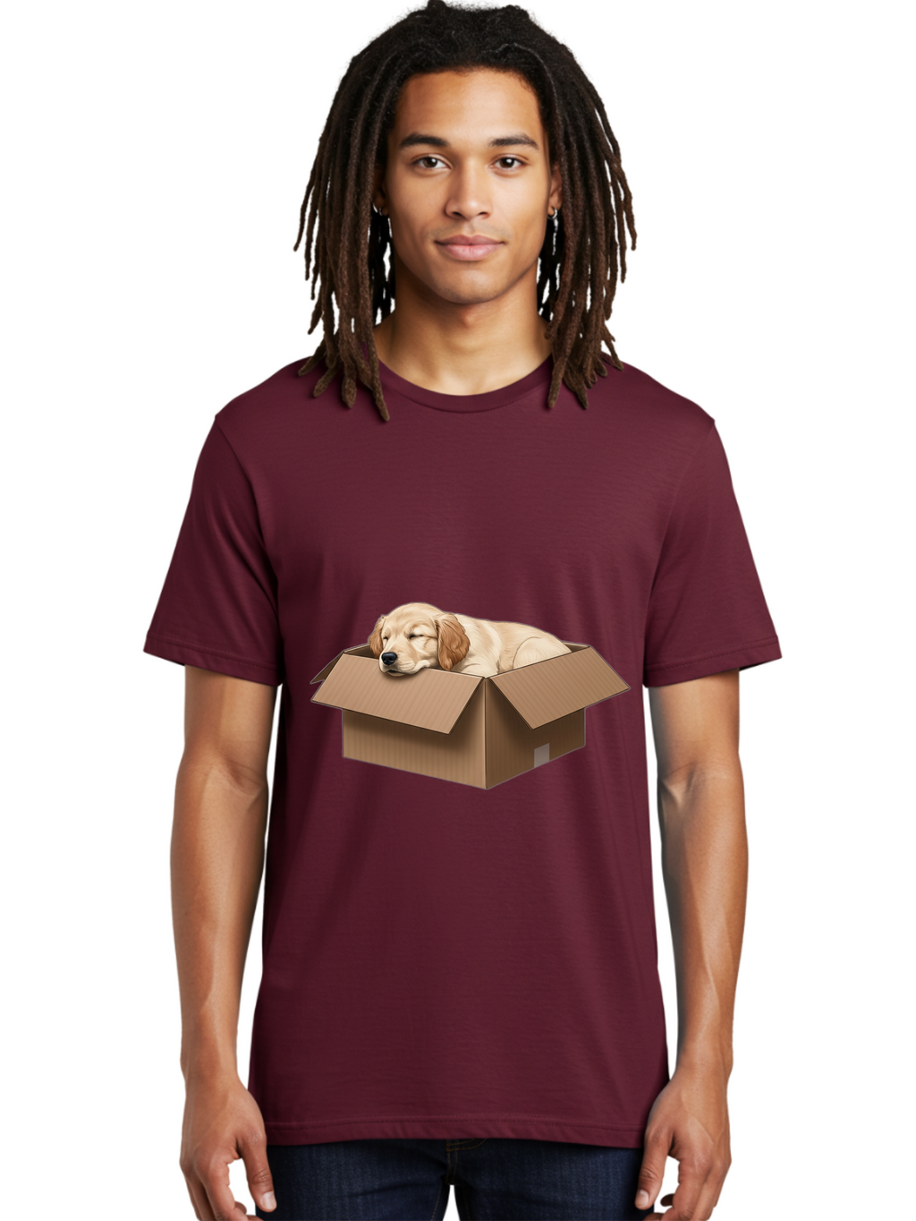 Sleeping-Puppy-1 Men'S Graphic Tee, 100% Cotton, Comfortable Casual Summer Wear, Machine Washable, Sleeping Puppy, Cardboard Box, Adorable Dog, Cute Animal, Resting Pet, Dog In Box, Peaceful Scene, Puppy Love, Cozy Atmosphere, Sweet Dreams Bac417