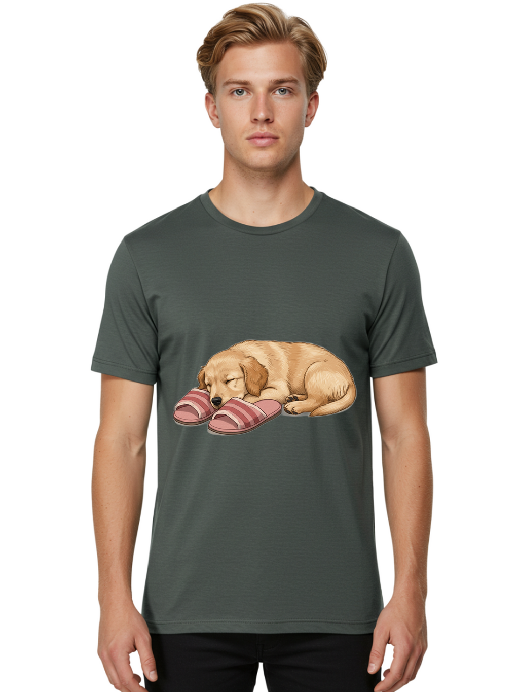 Sleeping-Puppy-2 Men'S Graphic Tee, 100% Cotton, Comfortable Casual Summer Wear, Machine Washable, Adorable Golden Retriever, Sleeping Dog, Puppy Love, Cute Cartoon, Animal Sleep, Dog Relaxation, Flip Flops, Striped Sandals, Peaceful Pup, Bac418