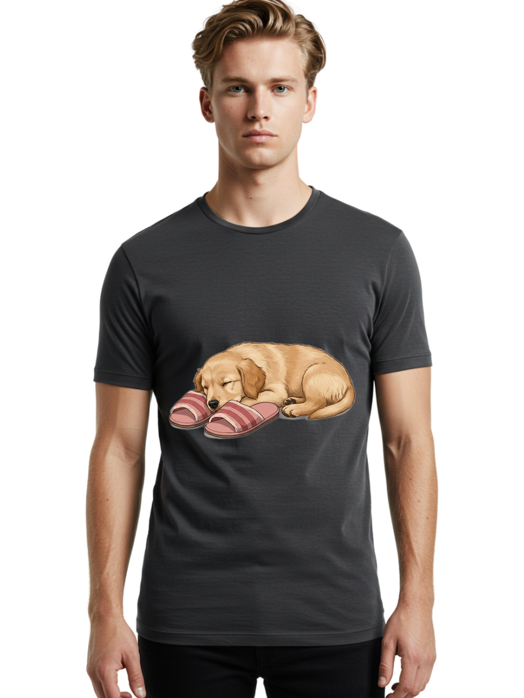 Sleeping-Puppy-2 Men'S Graphic Tee, 100% Cotton, Comfortable Casual Summer Wear, Machine Washable, Adorable Golden Retriever, Sleeping Dog, Puppy Love, Cute Cartoon, Animal Sleep, Dog Relaxation, Flip Flops, Striped Sandals, Peaceful Pup, Bac418