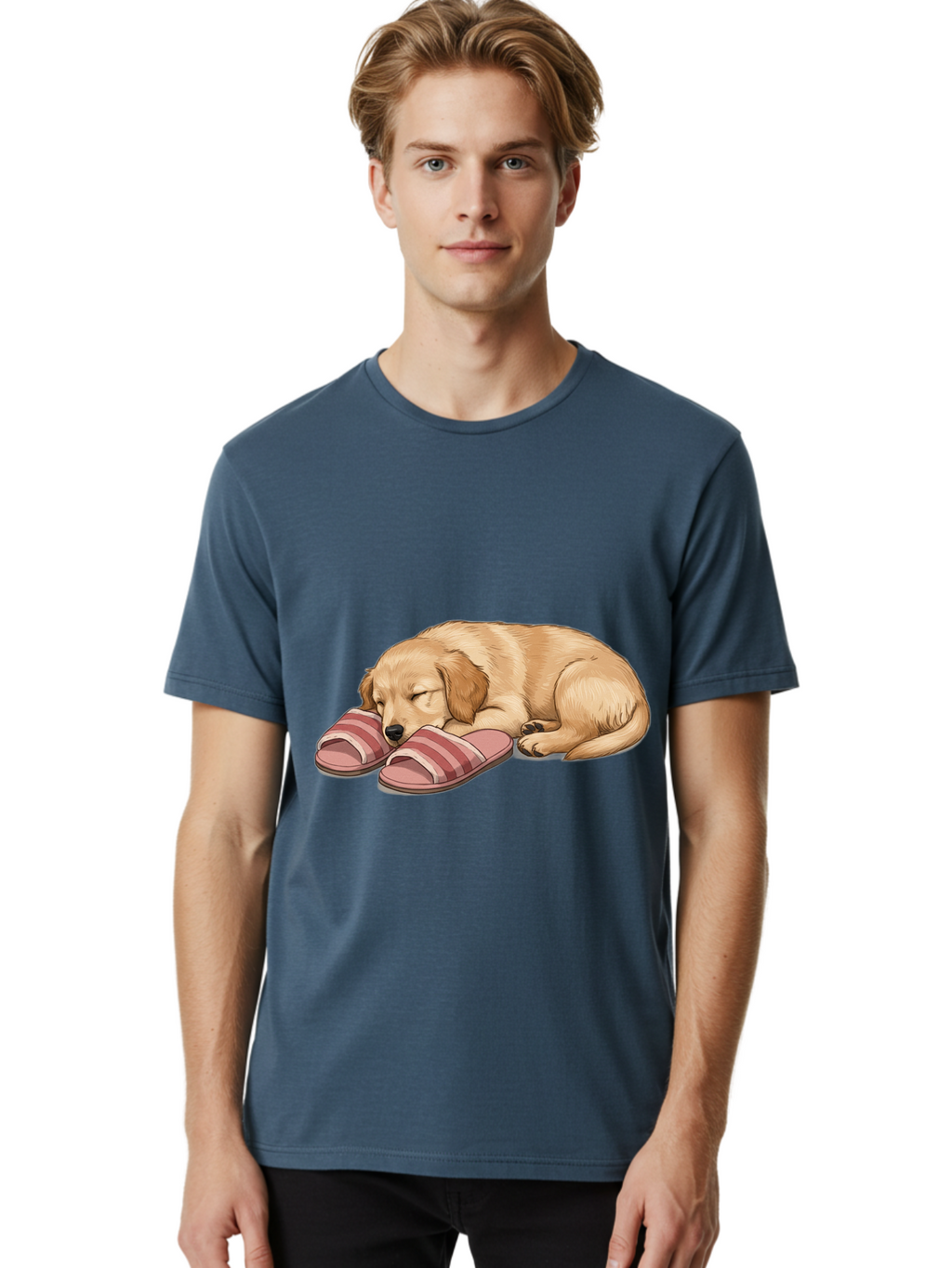 Sleeping-Puppy-2 Men'S Graphic Tee, 100% Cotton, Comfortable Casual Summer Wear, Machine Washable, Adorable Golden Retriever, Sleeping Dog, Puppy Love, Cute Cartoon, Animal Sleep, Dog Relaxation, Flip Flops, Striped Sandals, Peaceful Pup, Bac418