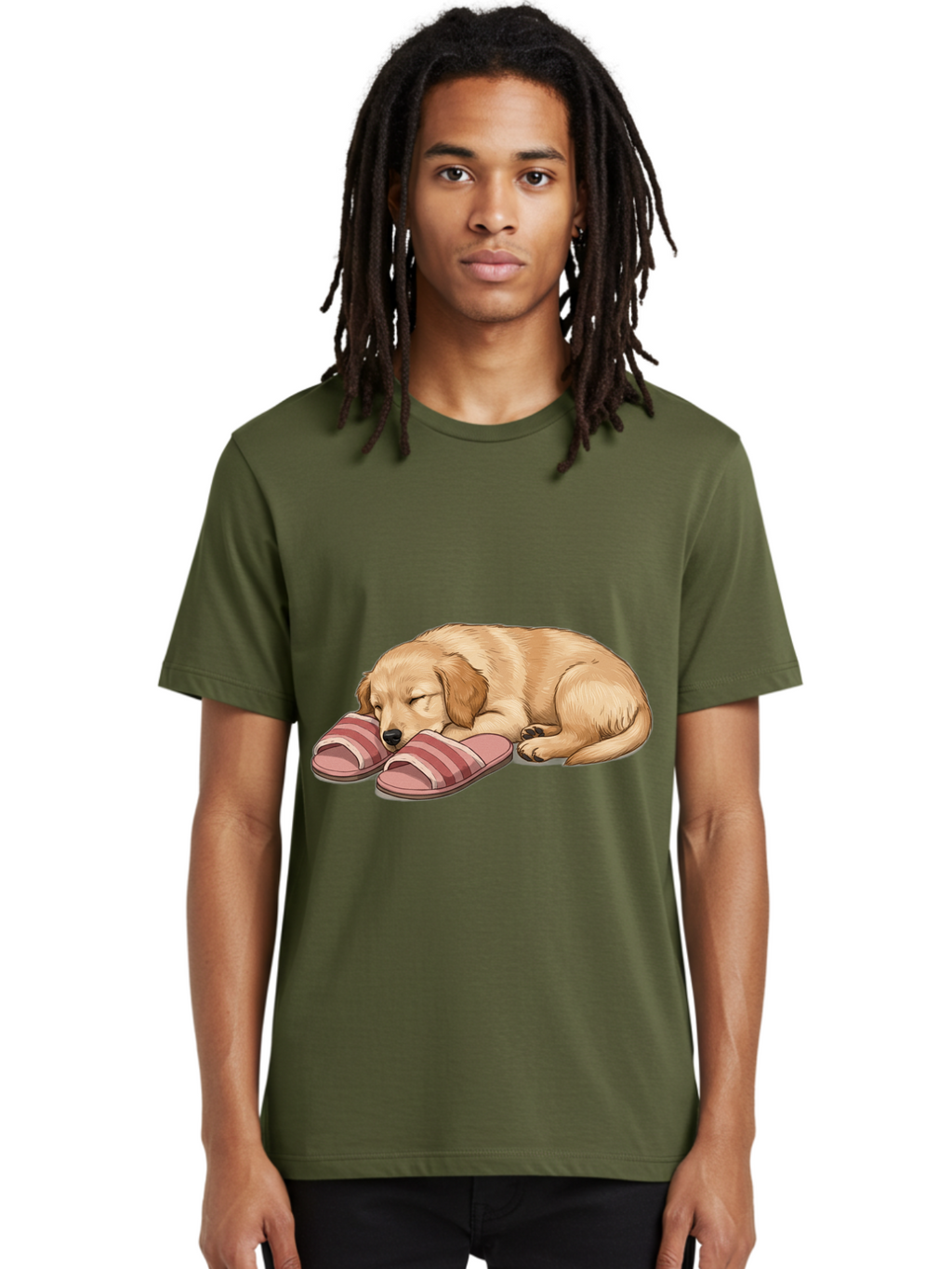 Sleeping-Puppy-2 Men'S Graphic Tee, 100% Cotton, Comfortable Casual Summer Wear, Machine Washable, Adorable Golden Retriever, Sleeping Dog, Puppy Love, Cute Cartoon, Animal Sleep, Dog Relaxation, Flip Flops, Striped Sandals, Peaceful Pup, Bac418