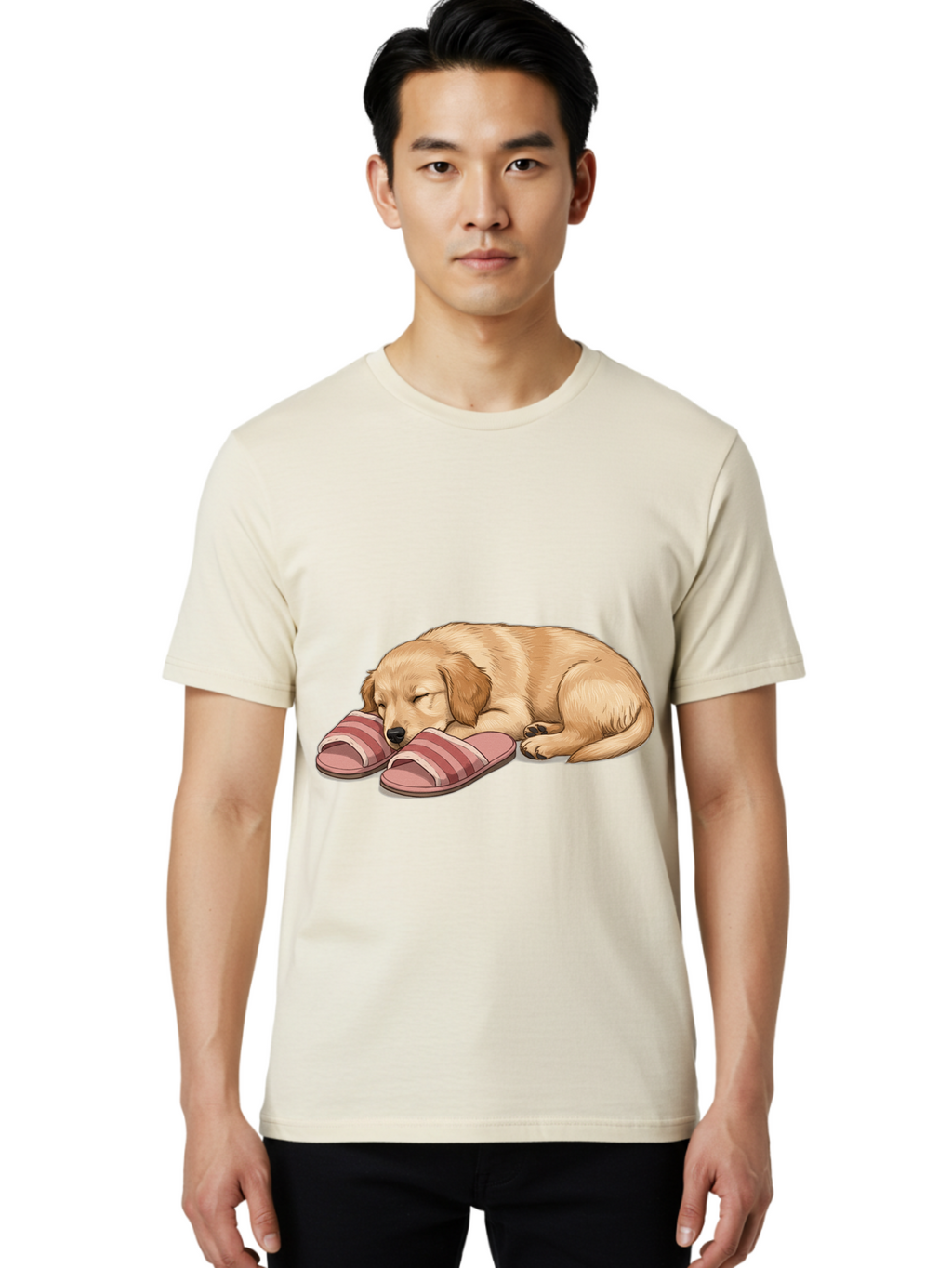 Sleeping-Puppy-2 Men'S Graphic Tee, 100% Cotton, Comfortable Casual Summer Wear, Machine Washable, Adorable Golden Retriever, Sleeping Dog, Puppy Love, Cute Cartoon, Animal Sleep, Dog Relaxation, Flip Flops, Striped Sandals, Peaceful Pup, Bac418