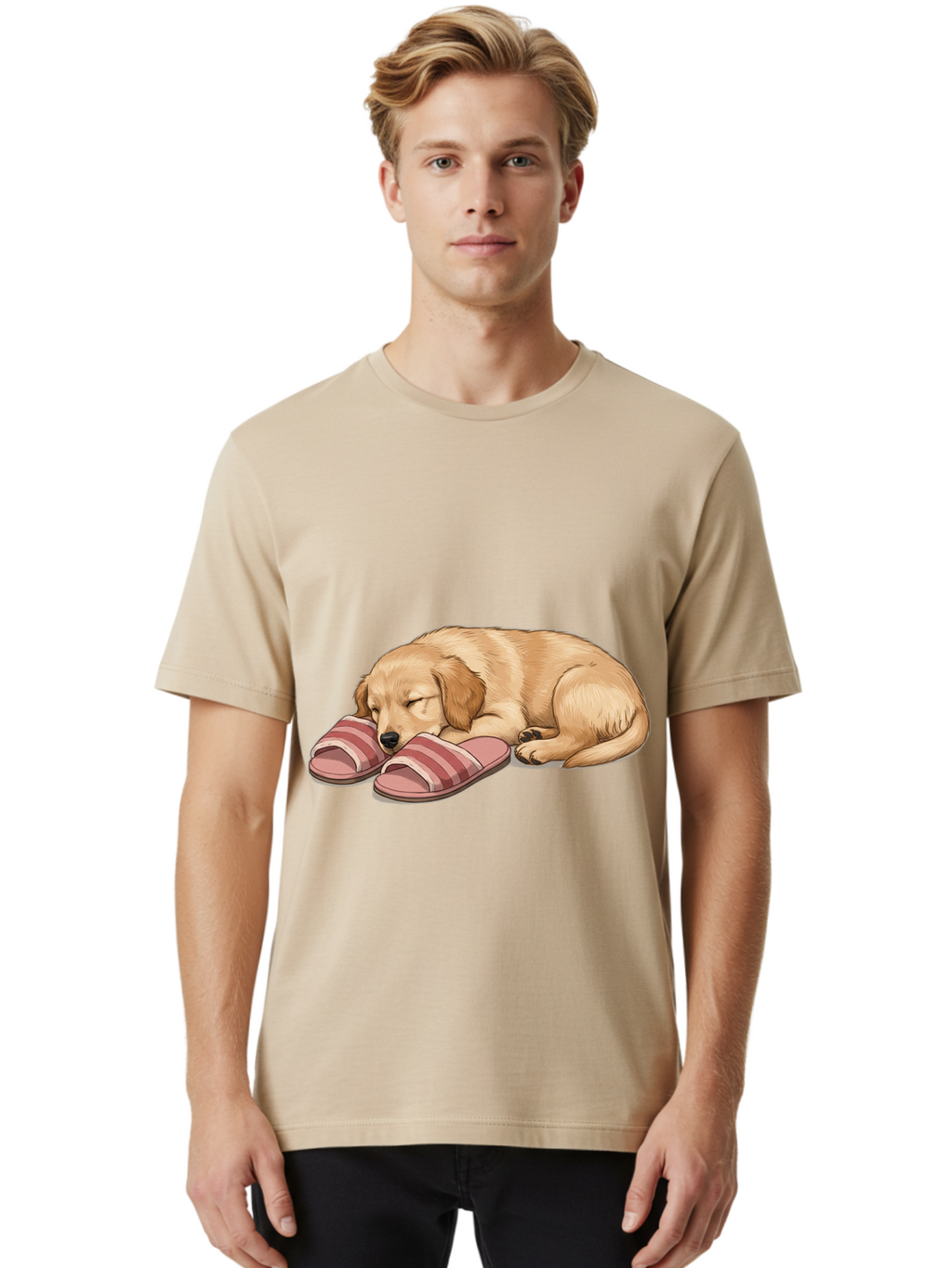 Sleeping-Puppy-2 Men'S Graphic Tee, 100% Cotton, Comfortable Casual Summer Wear, Machine Washable, Adorable Golden Retriever, Sleeping Dog, Puppy Love, Cute Cartoon, Animal Sleep, Dog Relaxation, Flip Flops, Striped Sandals, Peaceful Pup, Bac418