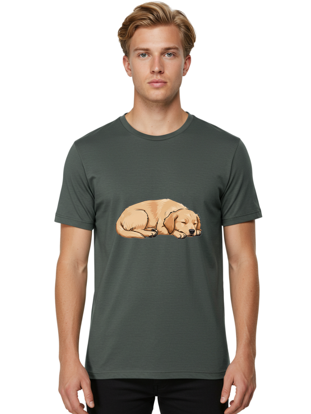 Sleeping-Puppy Men'S Graphic Tee, 100% Cotton, Comfortable Casual Summer Wear, Machine Washable, Adorable Puppy, Sleeping Dog, Golden Retriever, Cartoon Illustration, Peaceful Slumber, Cute Dog, Relaxed Puppy, Serene Atmosphere, Bac419