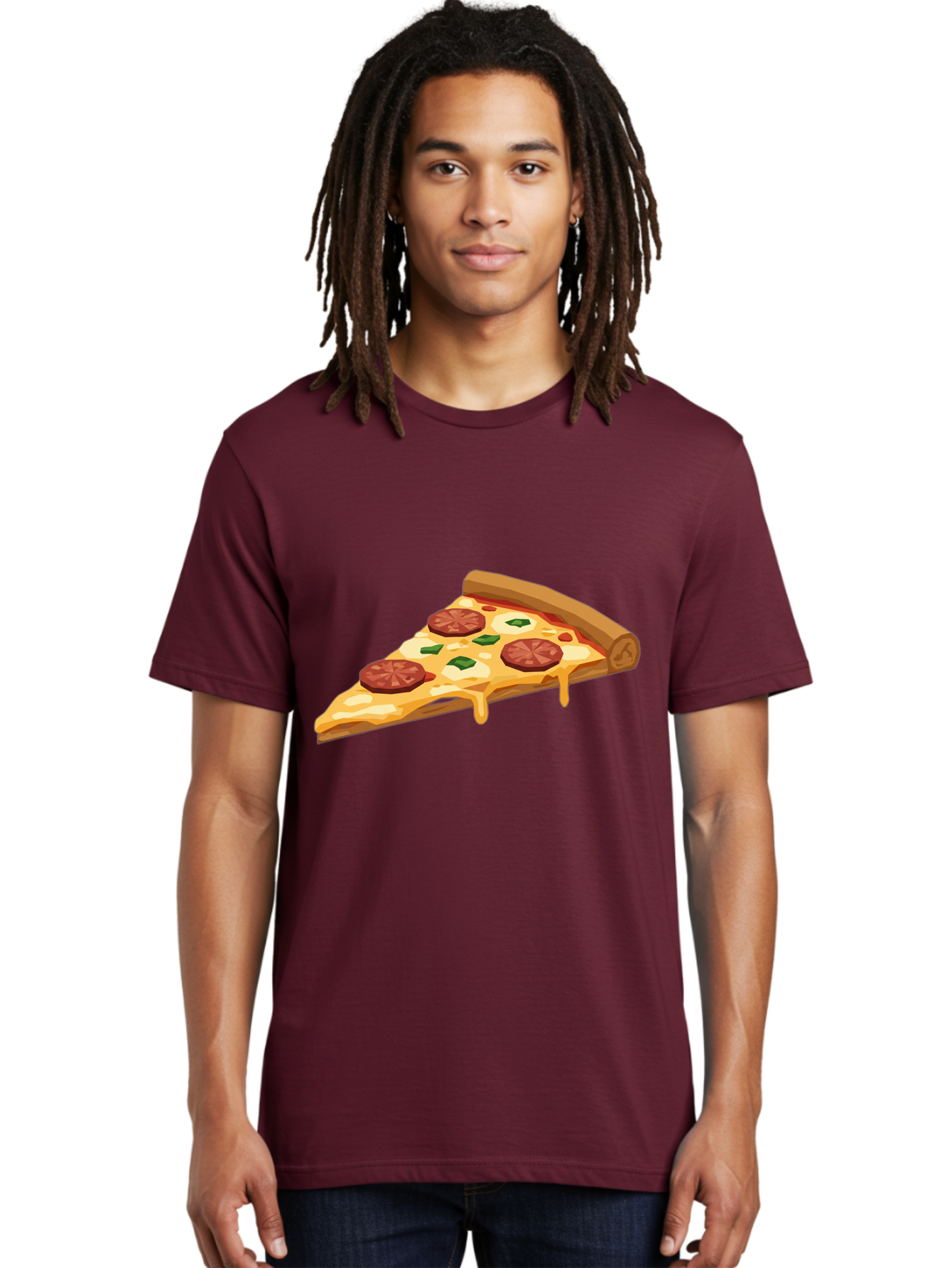 Slice-Of-Pepperoni-Pizza Men'S Graphic Tee, 100% Cotton, Comfortable Casual Summer Wear, Machine Washable, Pepperoni Pizza, Pizza Slice, Melted Cheese, Green Peppers, Red Pepperoni, Crispy Crust, Cheesy Goodness, Savory Delight Bac420