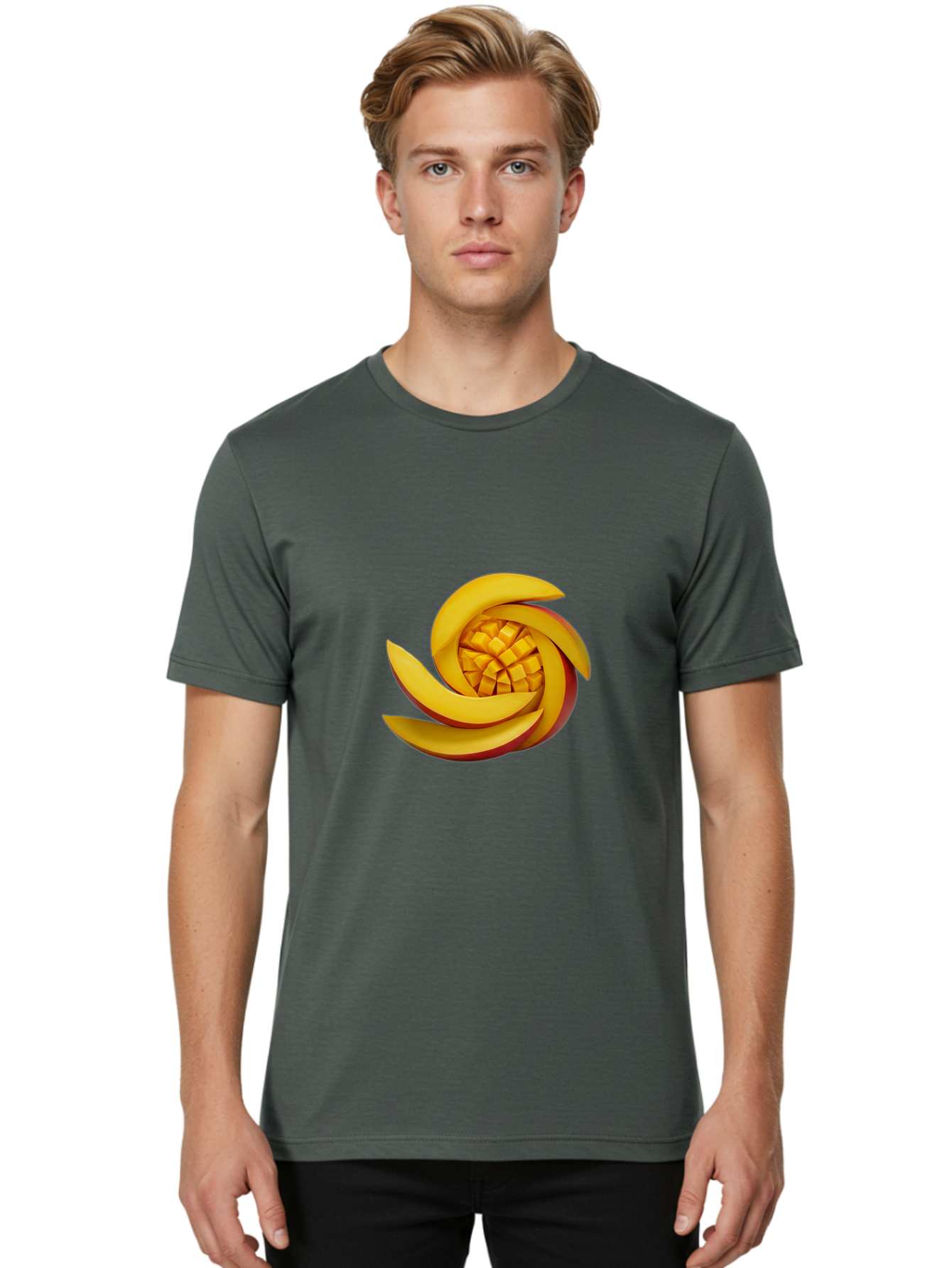 Sliced-Mango Men'S Graphic Tee, 100% Cotton, Comfortable Casual Summer Wear, Machine Washable, Sliced Mango, Mango Slices, Diced Mango, Tropical Fruit, Fresh Fruit, Vibrant Colors, Healthy Snack, Fruit Arrangement, Mango Chunks, Juicy Texture Bac422