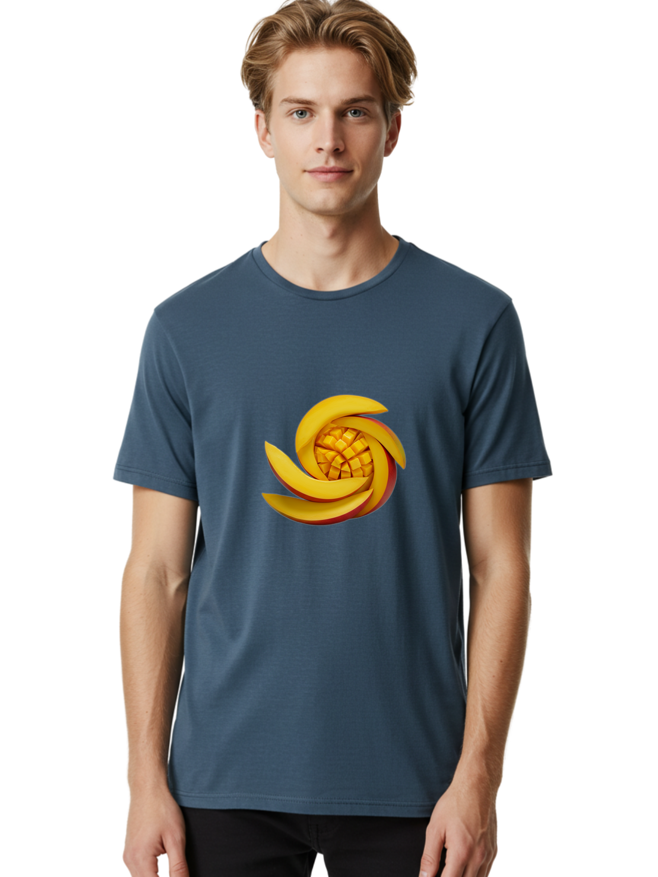Sliced-Mango Men'S Graphic Tee, 100% Cotton, Comfortable Casual Summer Wear, Machine Washable, Sliced Mango, Mango Slices, Diced Mango, Tropical Fruit, Fresh Fruit, Vibrant Colors, Healthy Snack, Fruit Arrangement, Mango Chunks, Juicy Texture Bac422
