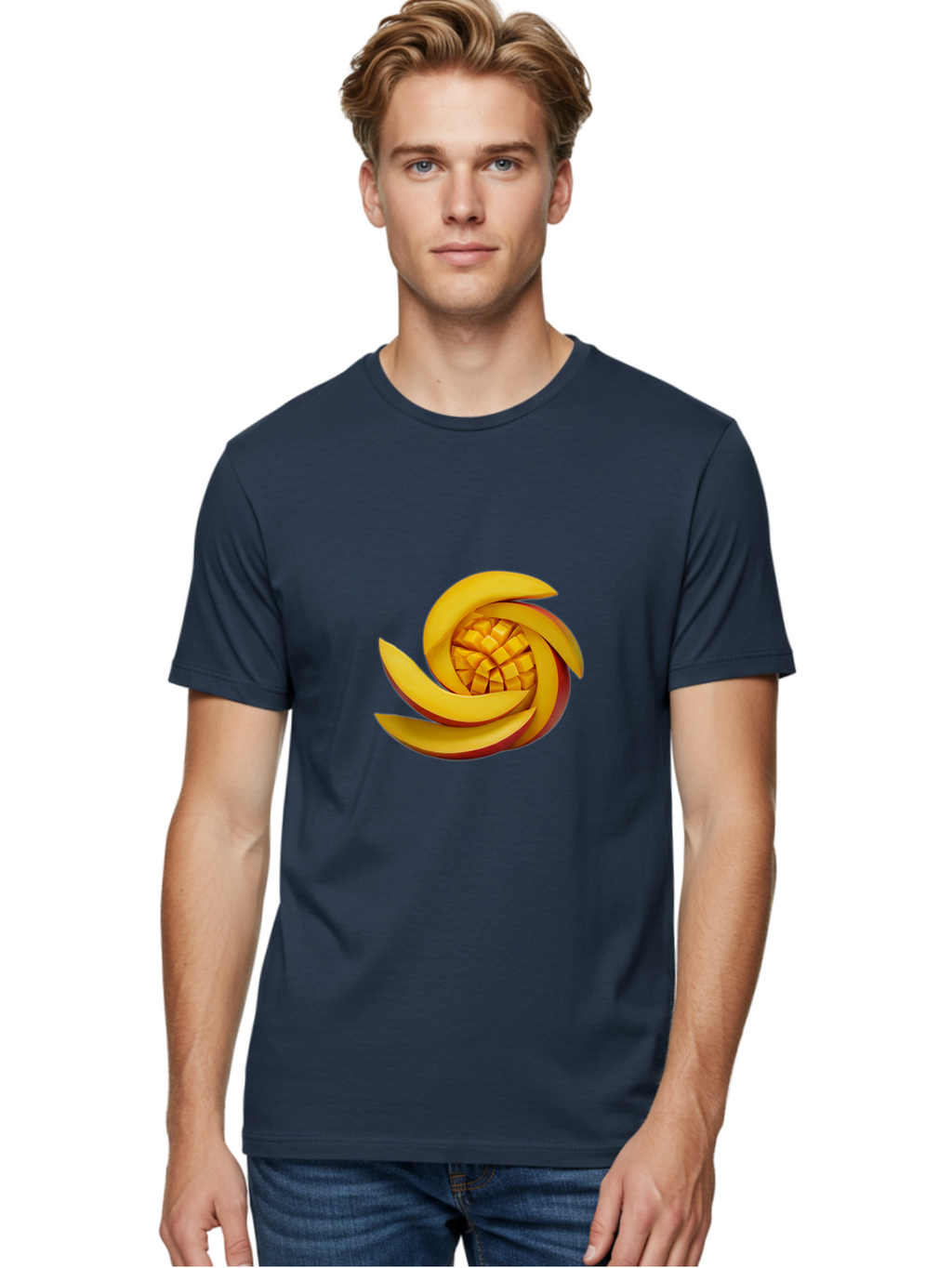 Sliced-Mango Men'S Graphic Tee, 100% Cotton, Comfortable Casual Summer Wear, Machine Washable, Sliced Mango, Mango Slices, Diced Mango, Tropical Fruit, Fresh Fruit, Vibrant Colors, Healthy Snack, Fruit Arrangement, Mango Chunks, Juicy Texture Bac422