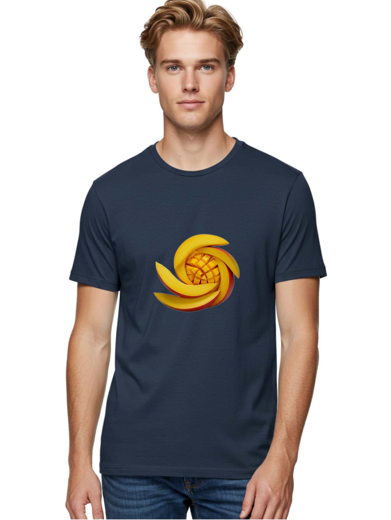 Sliced-Mango Men'S Graphic Tee, 100% Cotton, Comfortable Casual Summer Wear, Machine Washable, Sliced Mango, Mango Slices, Diced Mango, Tropical Fruit, Fresh Fruit, Vibrant Colors, Healthy Snack, Fruit Arrangement, Mango Chunks, Juicy Texture Bac422