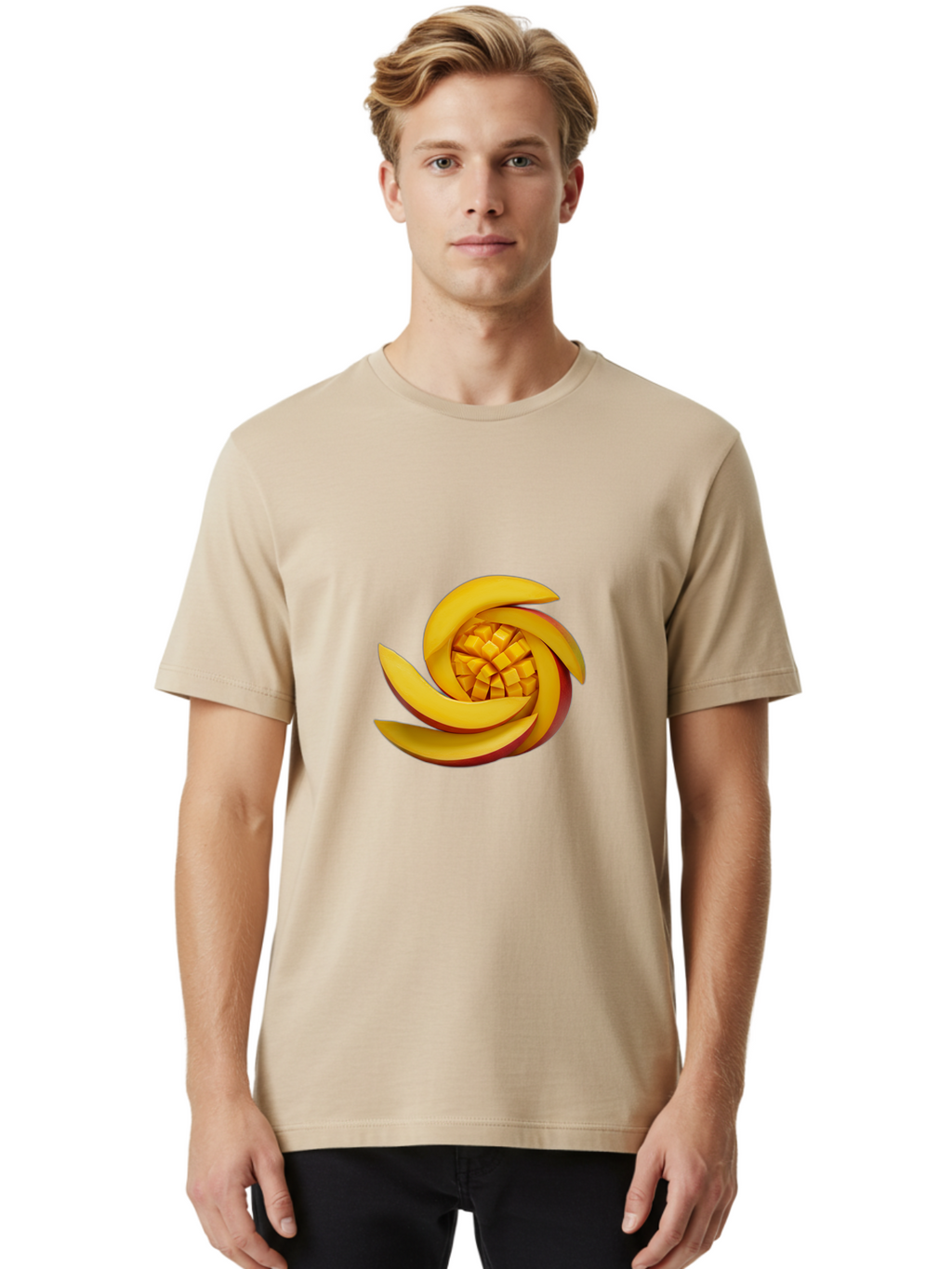 Sliced-Mango Men'S Graphic Tee, 100% Cotton, Comfortable Casual Summer Wear, Machine Washable, Sliced Mango, Mango Slices, Diced Mango, Tropical Fruit, Fresh Fruit, Vibrant Colors, Healthy Snack, Fruit Arrangement, Mango Chunks, Juicy Texture Bac422