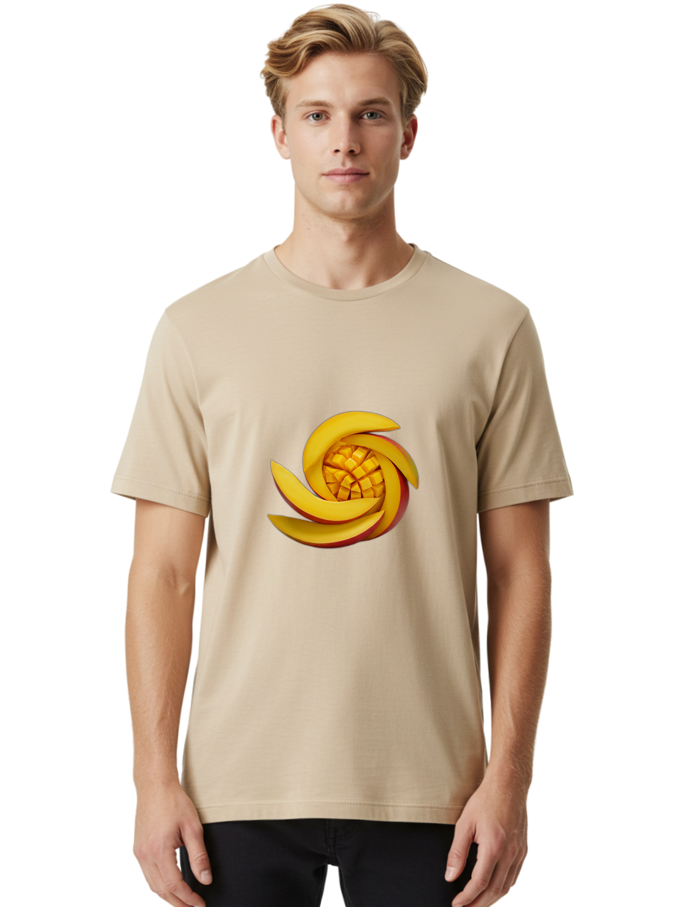 Sliced-Mango Men'S Graphic Tee, 100% Cotton, Comfortable Casual Summer Wear, Machine Washable, Sliced Mango, Mango Slices, Diced Mango, Tropical Fruit, Fresh Fruit, Vibrant Colors, Healthy Snack, Fruit Arrangement, Mango Chunks, Juicy Texture Bac422
