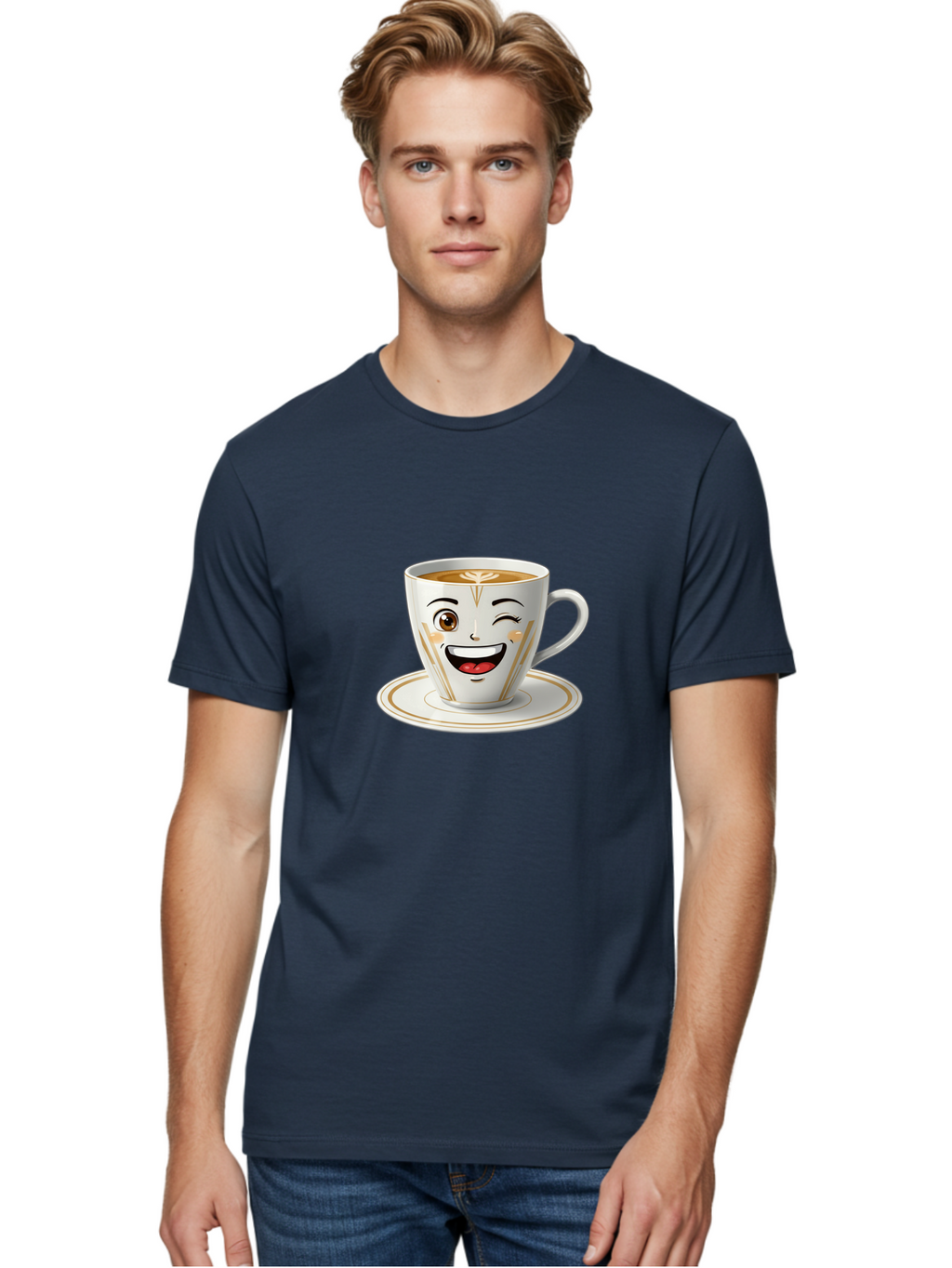 Smiling-Coffee-Cup Men'S Graphic Tee, 100% Cotton, Comfortable Casual Summer Wear, Machine Washable, Happy Coffee Cup, Smiling Face, Brown Coffee, Gold Accents, White Porcelain, Cute Design, Morning Coffee, Cheerful Emoji, Friendly Icon Bac424