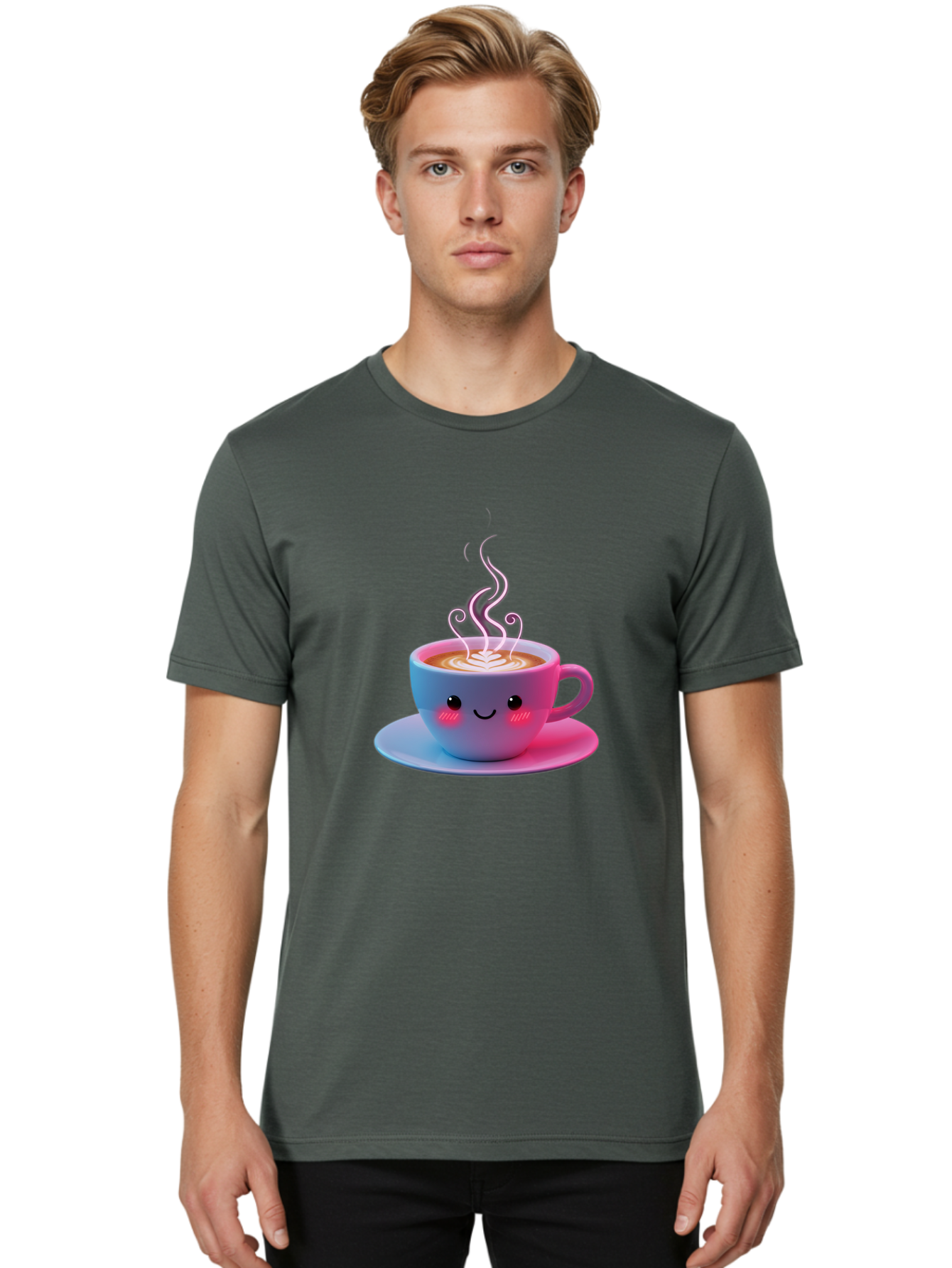 Smiling-Coffee-Mug Men'S Graphic Tee, 100% Cotton, Comfortable Casual Summer Wear, Machine Washable, Kawaii Coffee Cup, Steaming Hot Cappuccino, Latte Art, Smiling Face, Pink Cheeks, Adorable Design, Morning Coffee, Coffee Lover, Bac425