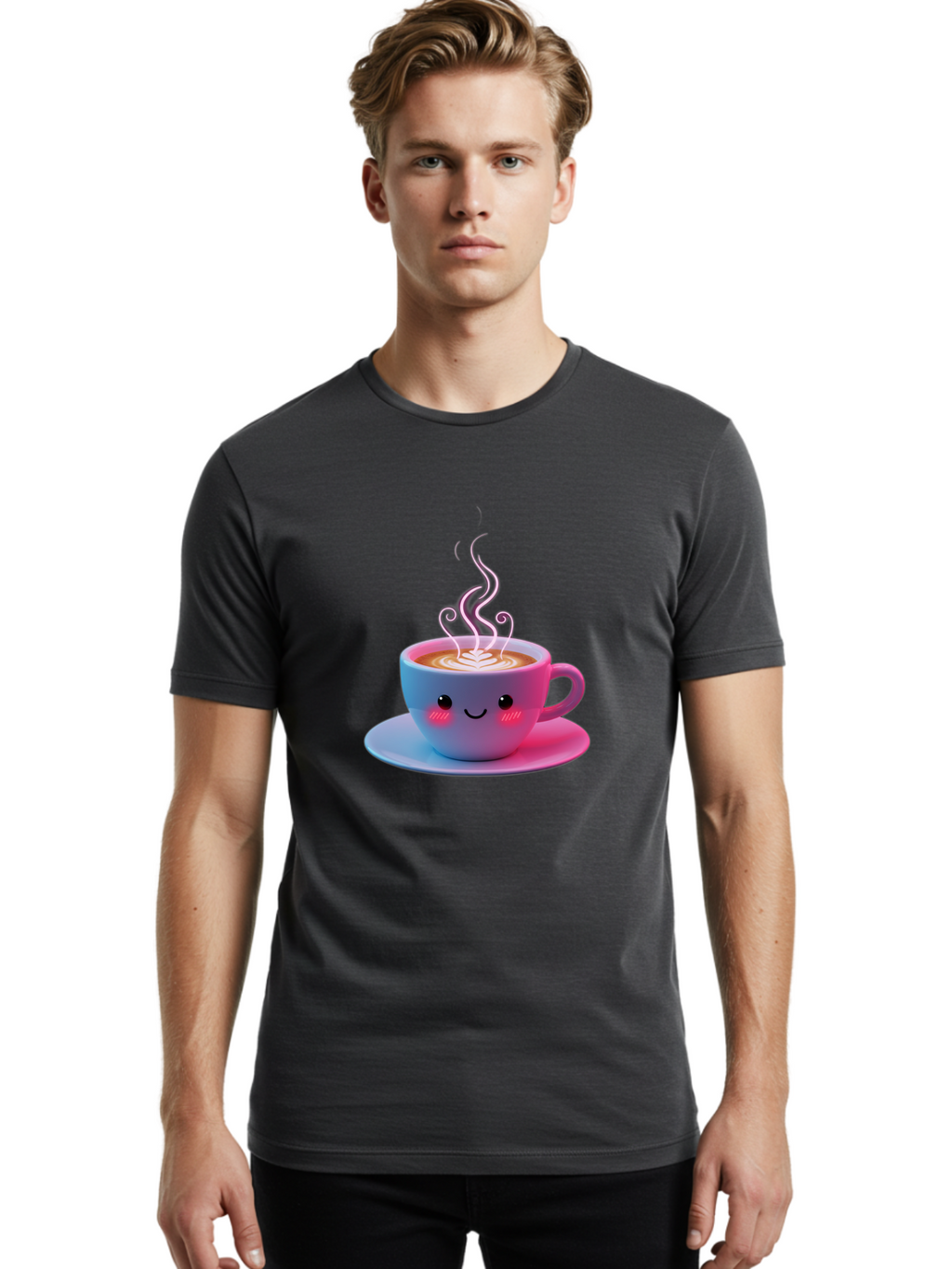 Smiling-Coffee-Mug Men'S Graphic Tee, 100% Cotton, Comfortable Casual Summer Wear, Machine Washable, Kawaii Coffee Cup, Steaming Hot Cappuccino, Latte Art, Smiling Face, Pink Cheeks, Adorable Design, Morning Coffee, Coffee Lover, Bac425