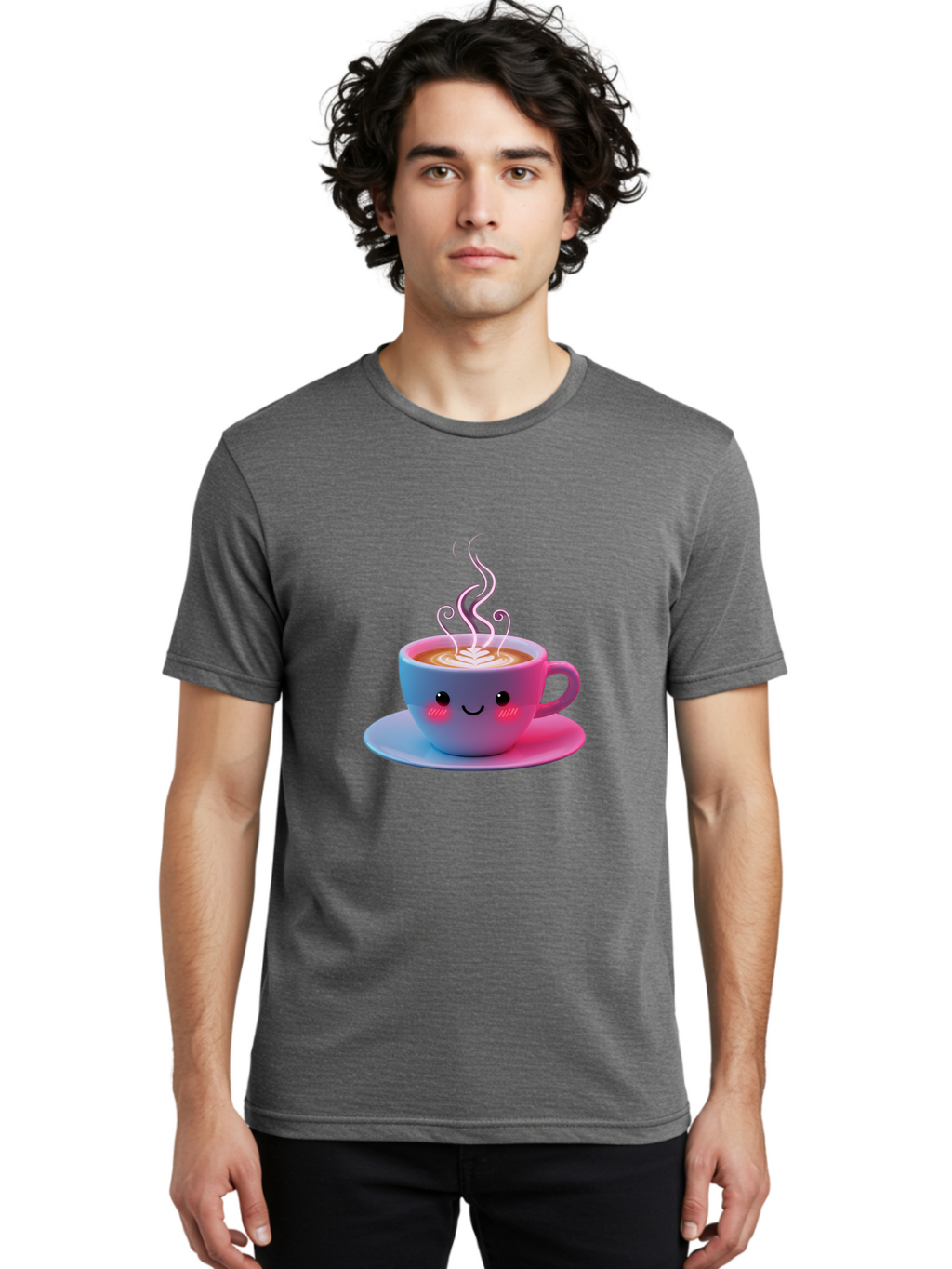 Smiling-Coffee-Mug Men'S Graphic Tee, 100% Cotton, Comfortable Casual Summer Wear, Machine Washable, Kawaii Coffee Cup, Steaming Hot Cappuccino, Latte Art, Smiling Face, Pink Cheeks, Adorable Design, Morning Coffee, Coffee Lover, Bac425