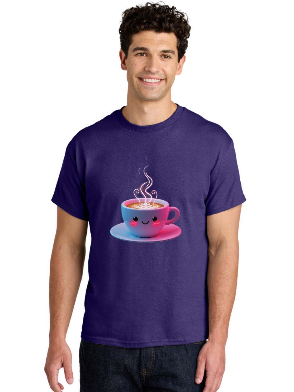 Smiling-Coffee-Mug Men'S Graphic Tee, 100% Cotton, Comfortable Casual Summer Wear, Machine Washable, Kawaii Coffee Cup, Steaming Hot Cappuccino, Latte Art, Smiling Face, Pink Cheeks, Adorable Design, Morning Coffee, Coffee Lover, Bac425