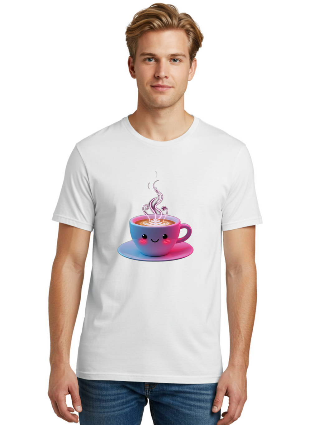 Smiling-Coffee-Mug Men'S Graphic Tee, 100% Cotton, Comfortable Casual Summer Wear, Machine Washable, Kawaii Coffee Cup, Steaming Hot Cappuccino, Latte Art, Smiling Face, Pink Cheeks, Adorable Design, Morning Coffee, Coffee Lover, Bac425