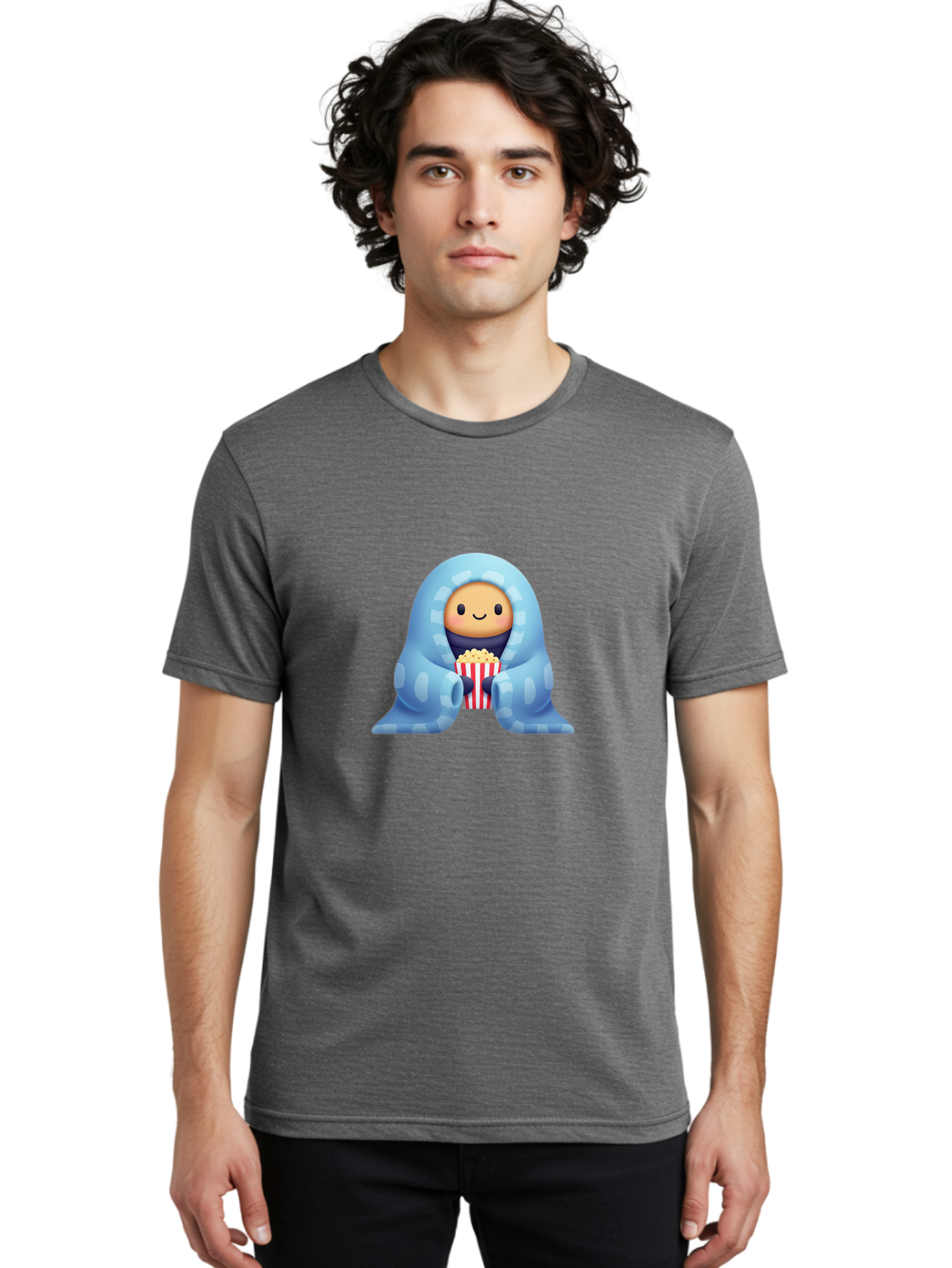 Smiling-Face-With-Popcorn Men'S Graphic Tee, 100% Cotton, Comfortable Casual Summer Wear, Machine Washable, Cartoon Character, Smiling Face, Snuggled Up, Blue Blanket, Red And White Striped Bucket, Popcorn, Cozy Atmosphere, Relaxed Vibe, Bac426