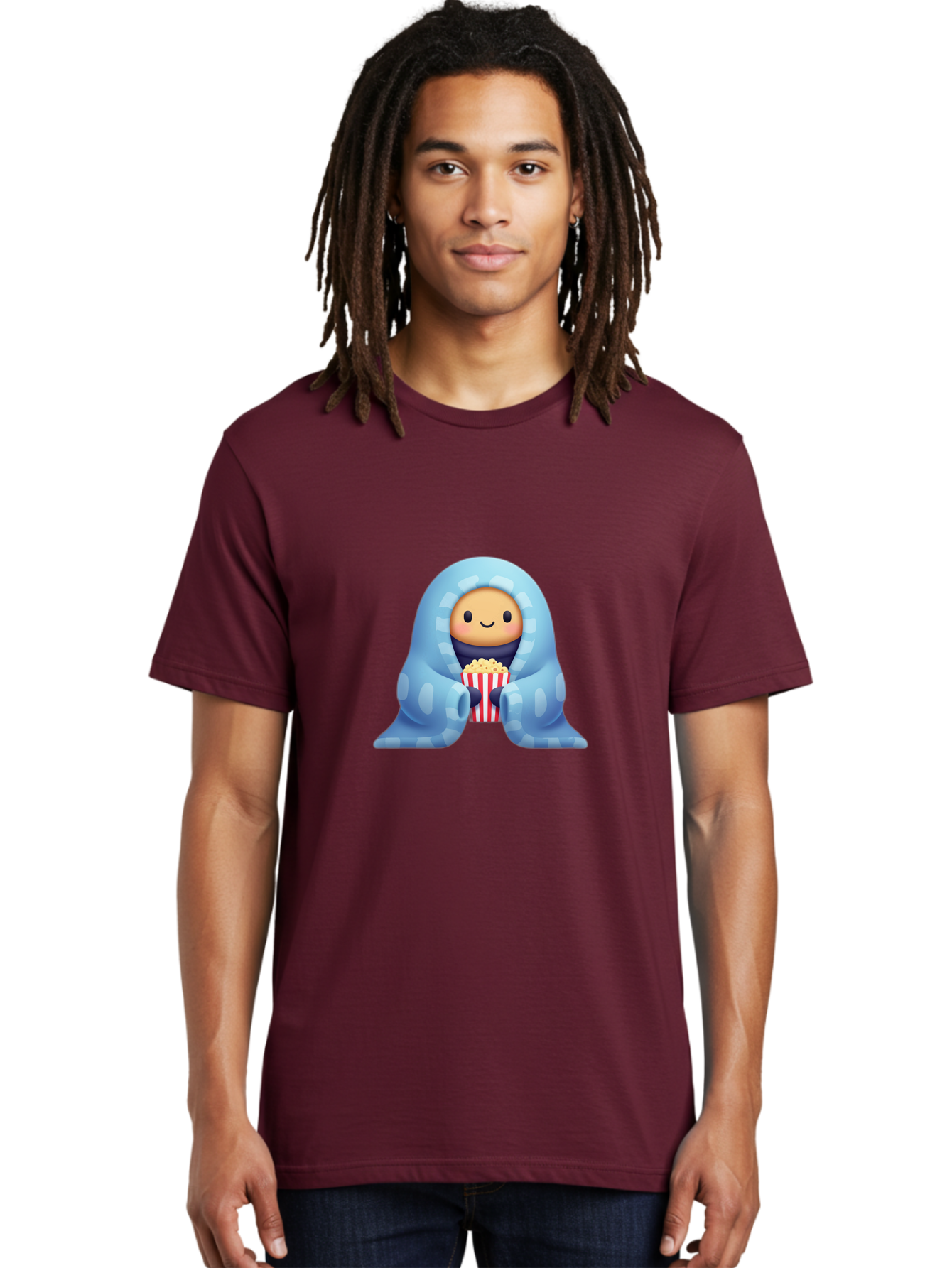Smiling-Face-With-Popcorn Men'S Graphic Tee, 100% Cotton, Comfortable Casual Summer Wear, Machine Washable, Cartoon Character, Smiling Face, Snuggled Up, Blue Blanket, Red And White Striped Bucket, Popcorn, Cozy Atmosphere, Relaxed Vibe, Bac426