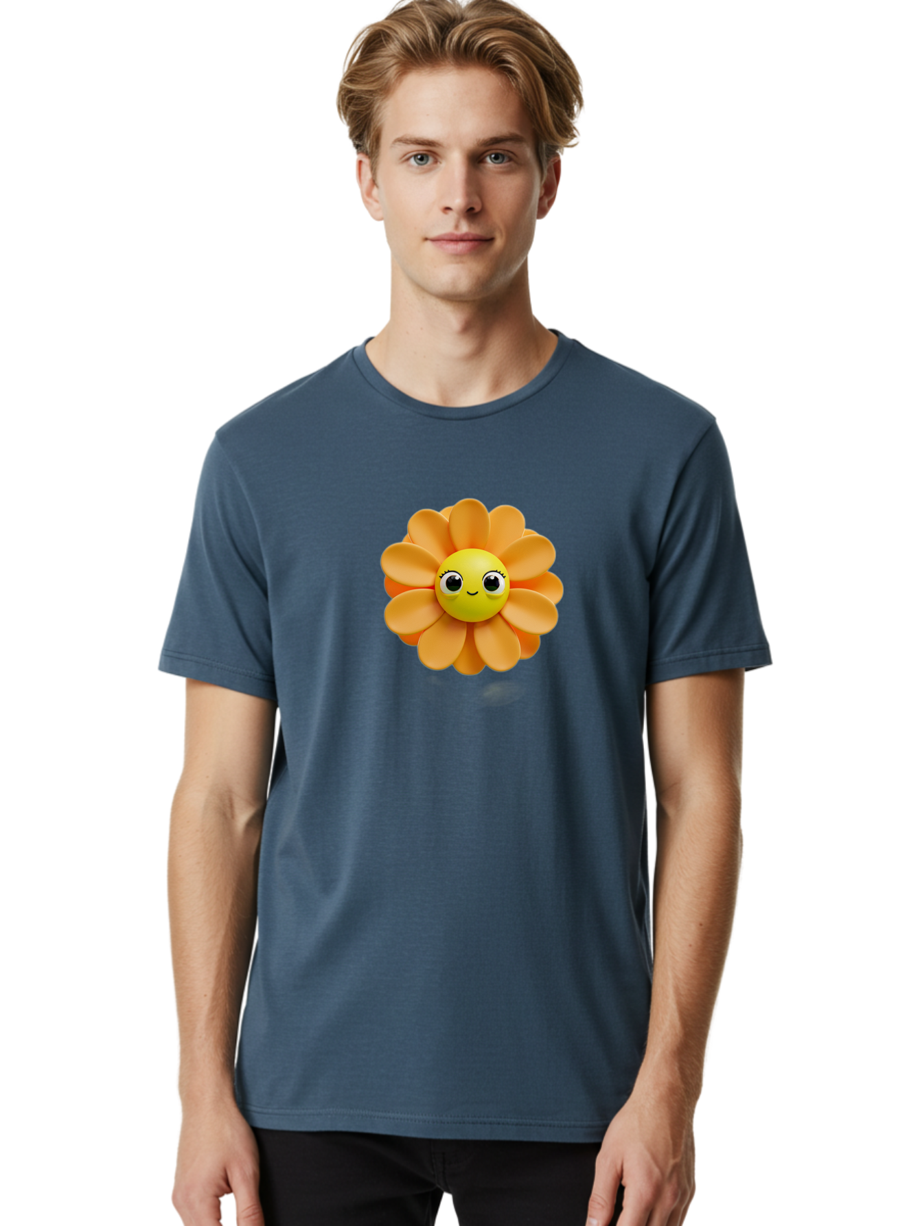 Smiling-Flower-Emoji Men'S Graphic Tee, 100% Cotton, Comfortable Casual Summer Wear, Machine Washable, Smiling Flower, Yellow Center, Orange Petals, Cute Emoji, Happy Face, Cartoon Flower, Vibrant Colors, Playful Design, 3D Rendering, Bac427