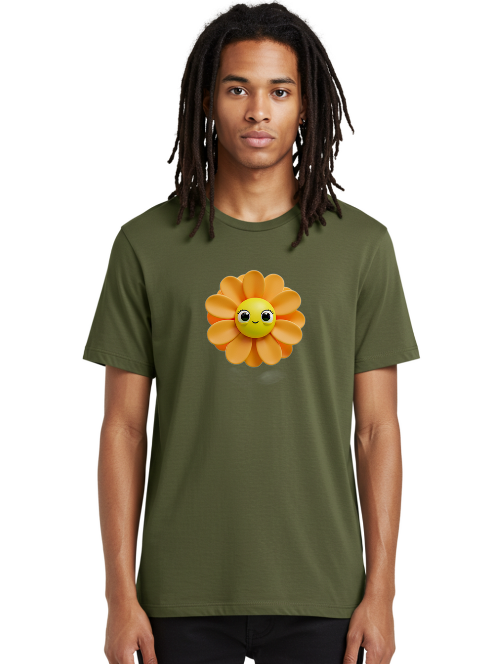 Smiling-Flower-Emoji Men'S Graphic Tee, 100% Cotton, Comfortable Casual Summer Wear, Machine Washable, Smiling Flower, Yellow Center, Orange Petals, Cute Emoji, Happy Face, Cartoon Flower, Vibrant Colors, Playful Design, 3D Rendering, Bac427