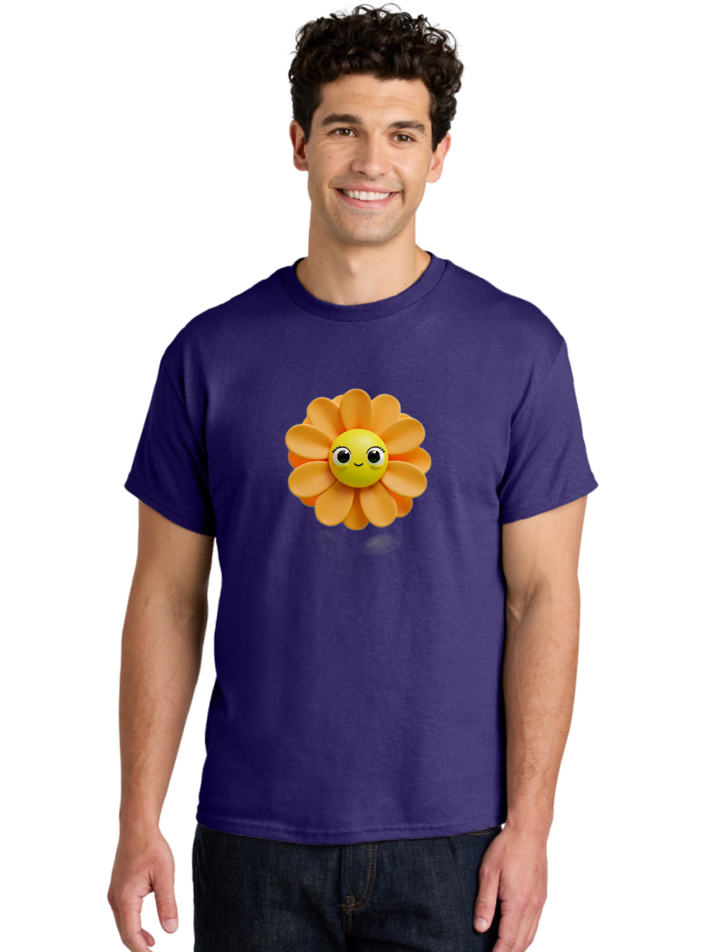 Smiling-Flower-Emoji Men'S Graphic Tee, 100% Cotton, Comfortable Casual Summer Wear, Machine Washable, Smiling Flower, Yellow Center, Orange Petals, Cute Emoji, Happy Face, Cartoon Flower, Vibrant Colors, Playful Design, 3D Rendering, Bac427