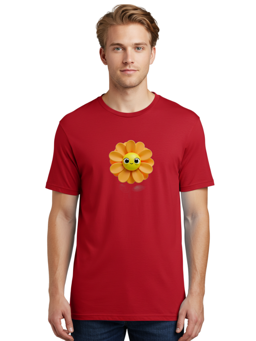 Smiling-Flower-Emoji Men'S Graphic Tee, 100% Cotton, Comfortable Casual Summer Wear, Machine Washable, Smiling Flower, Yellow Center, Orange Petals, Cute Emoji, Happy Face, Cartoon Flower, Vibrant Colors, Playful Design, 3D Rendering, Bac427
