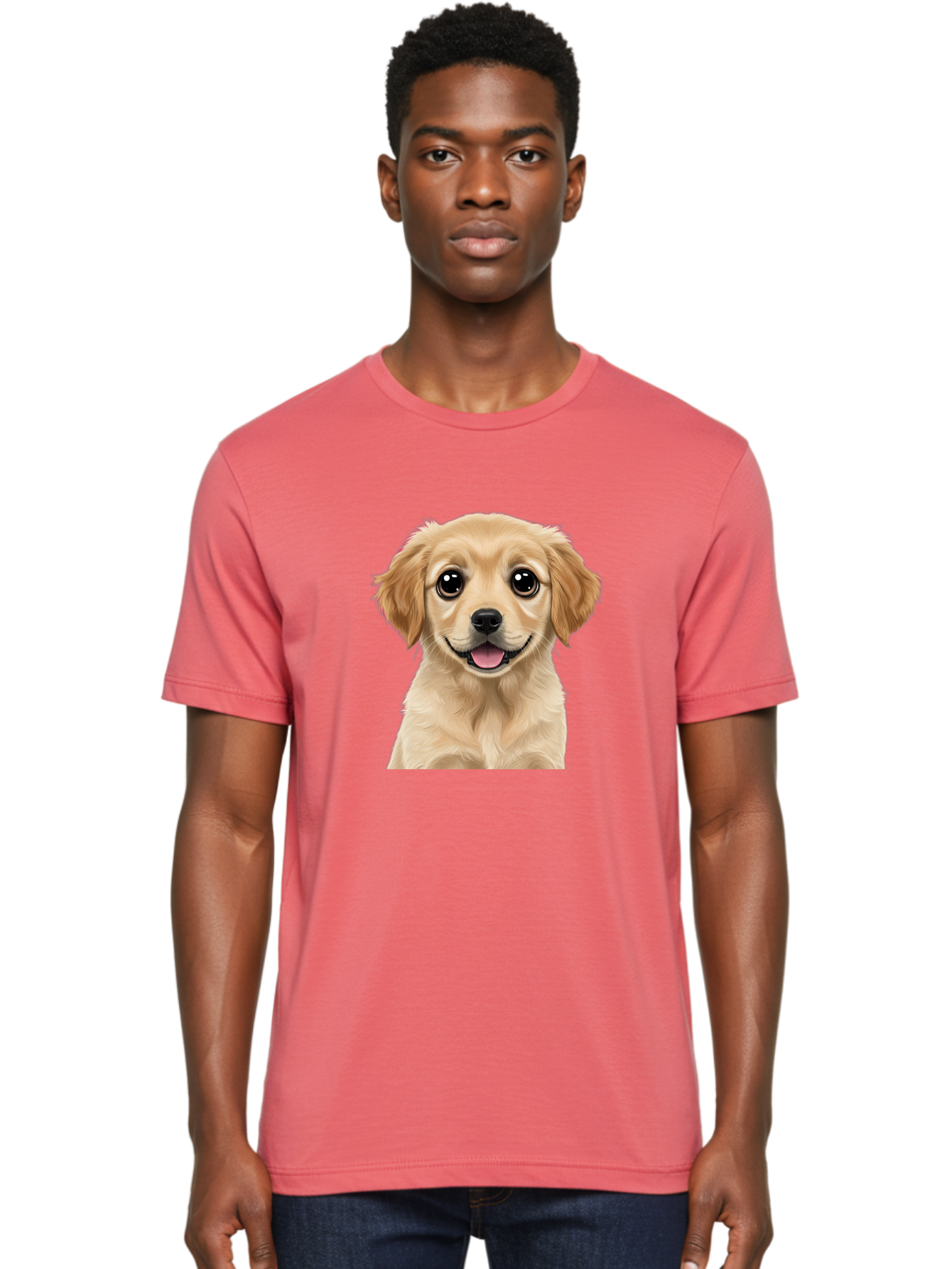 Smiling-Golden-Puppy Men'S Graphic Tee, 100% Cotton, Comfortable Casual Summer Wear, Machine Washable, Friendly Dog, Happy Puppy, Golden Retriever, Big Eyes, Playful Expression, Adorable Face, Cute Nose, Smiling Dog, Cartoon Puppy, Lovable Pet Bac428