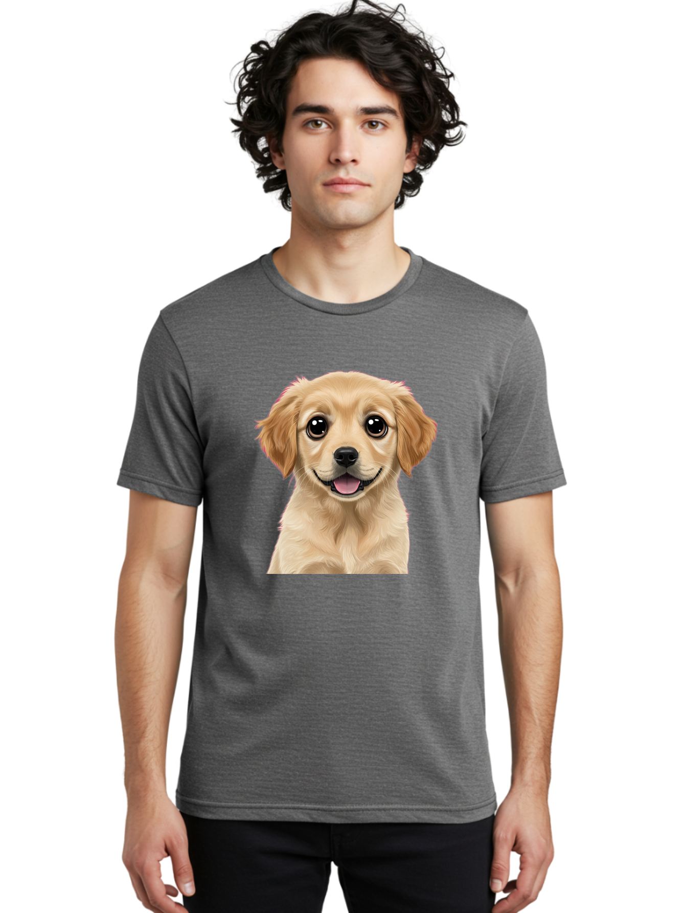 Smiling-Golden-Puppy Men'S Graphic Tee, 100% Cotton, Comfortable Casual Summer Wear, Machine Washable, Friendly Dog, Happy Puppy, Golden Retriever, Big Eyes, Playful Expression, Adorable Face, Cute Nose, Smiling Dog, Cartoon Puppy, Lovable Pet Bac428