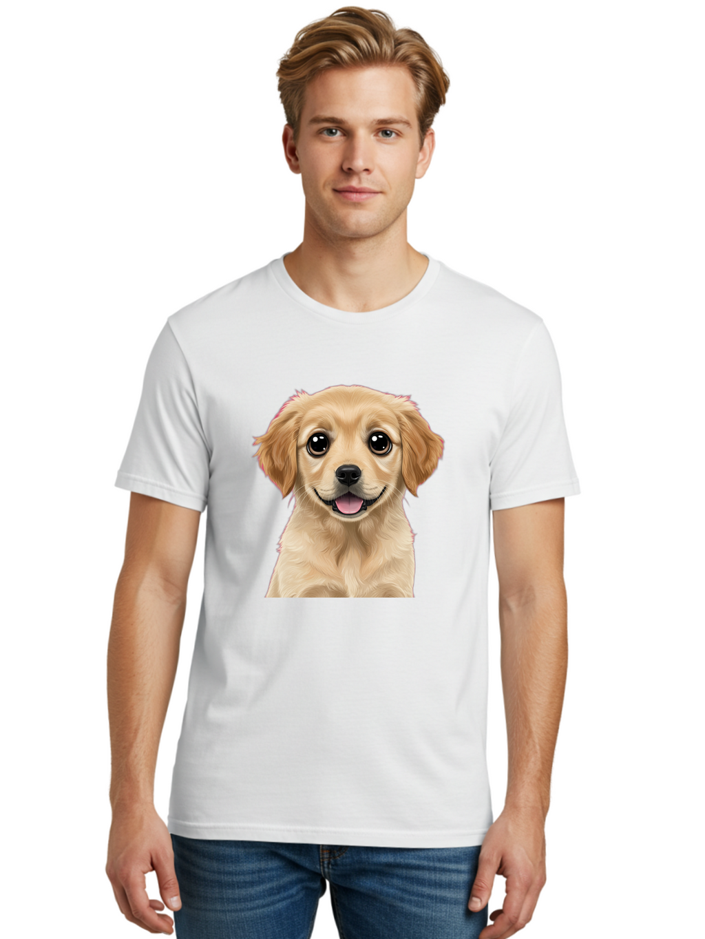 Smiling-Golden-Puppy Men'S Graphic Tee, 100% Cotton, Comfortable Casual Summer Wear, Machine Washable, Friendly Dog, Happy Puppy, Golden Retriever, Big Eyes, Playful Expression, Adorable Face, Cute Nose, Smiling Dog, Cartoon Puppy, Lovable Pet Bac428