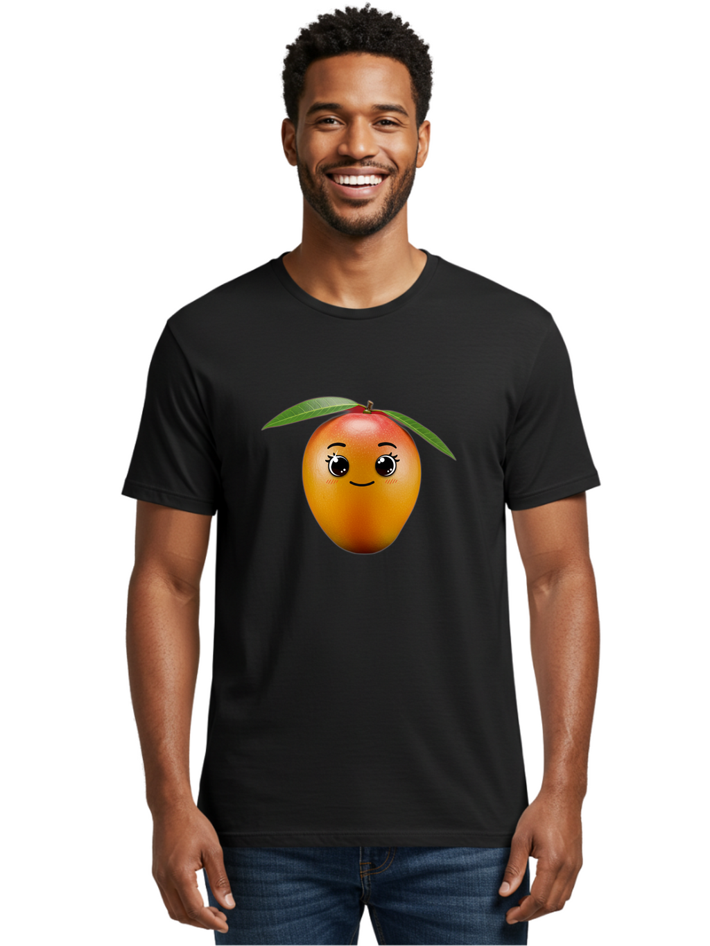 Smiling-Mango Men'S Graphic Tee, 100% Cotton, Comfortable Casual Summer Wear, Machine Washable, Cartoon Mango, Mangoes, Cheerful Fruit, Adorable Character, Smiling Face, Cute Eyes, Vibrant Orange, Whimsical Design, Fun Illustration, Bac429
