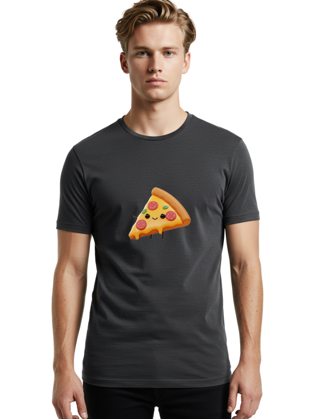 Smiling-Pizza-Slice Men'S Graphic Tee, 100% Cotton, Comfortable Casual Summer Wear, Machine Washable, Pepperoni Pizza Slice, Cartoon Character, Cheesy Goodness, Melted Cheese, Green Olives, Funny Face, Animated Food, Cartoon Pizza Bac430
