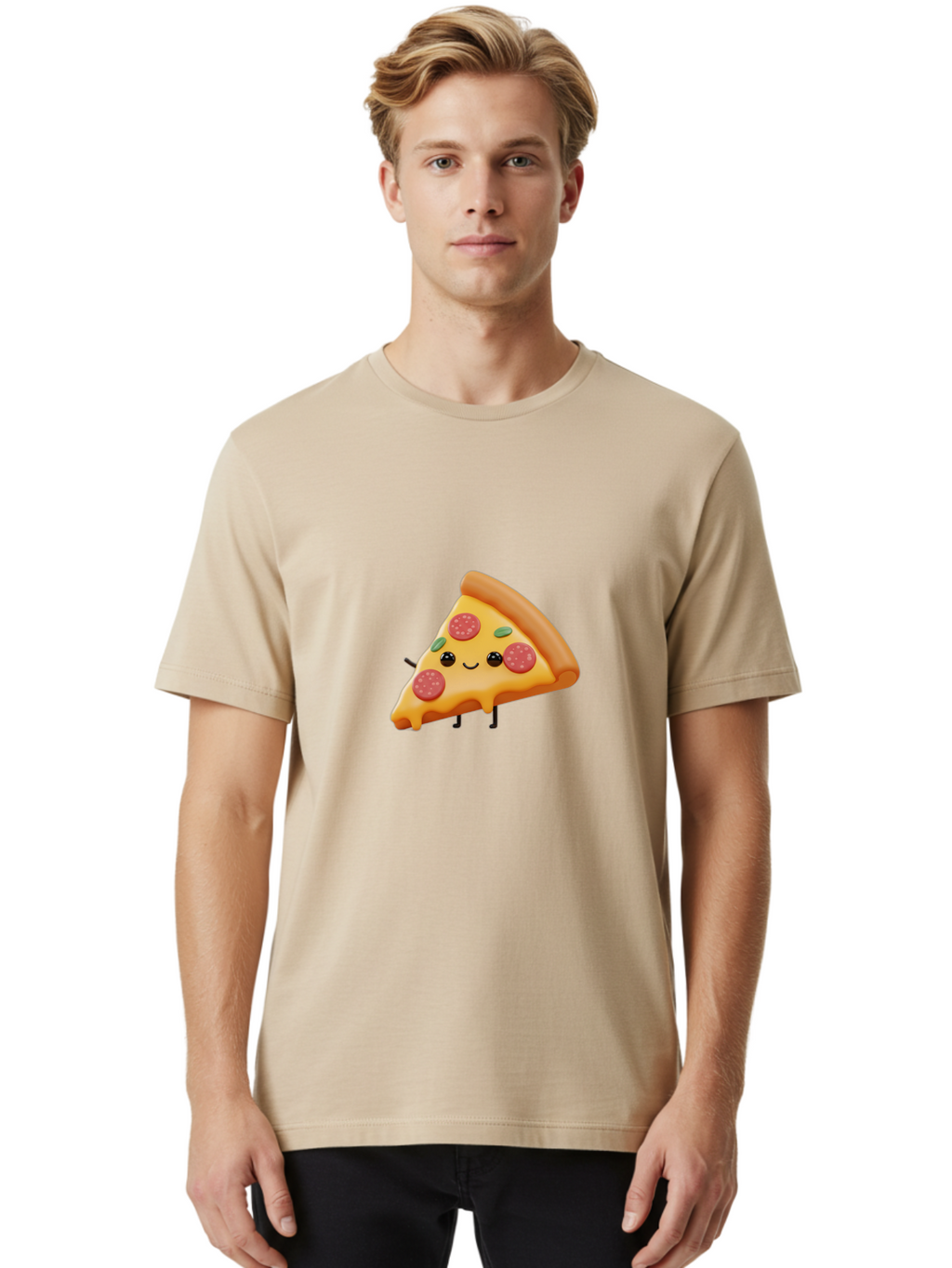 Smiling-Pizza-Slice Men'S Graphic Tee, 100% Cotton, Comfortable Casual Summer Wear, Machine Washable, Pepperoni Pizza Slice, Cartoon Character, Cheesy Goodness, Melted Cheese, Green Olives, Funny Face, Animated Food, Cartoon Pizza Bac430