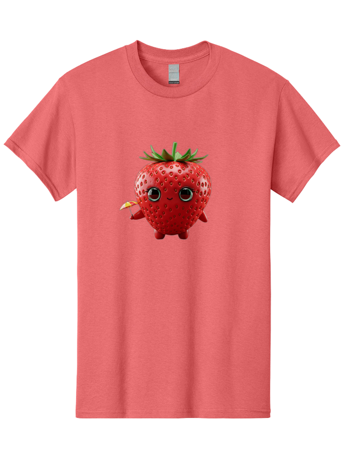Smiling-Strawberry-1 Men'S Graphic Tee, 100% Cotton, Comfortable Casual Summer Wear, Machine Washable, Cartoon Strawberry Character, Smiling Face, Cute And Playful, Holding A Red And Yellow Umbrella, Kawaii Fruit, Adorable Animation, Bac431