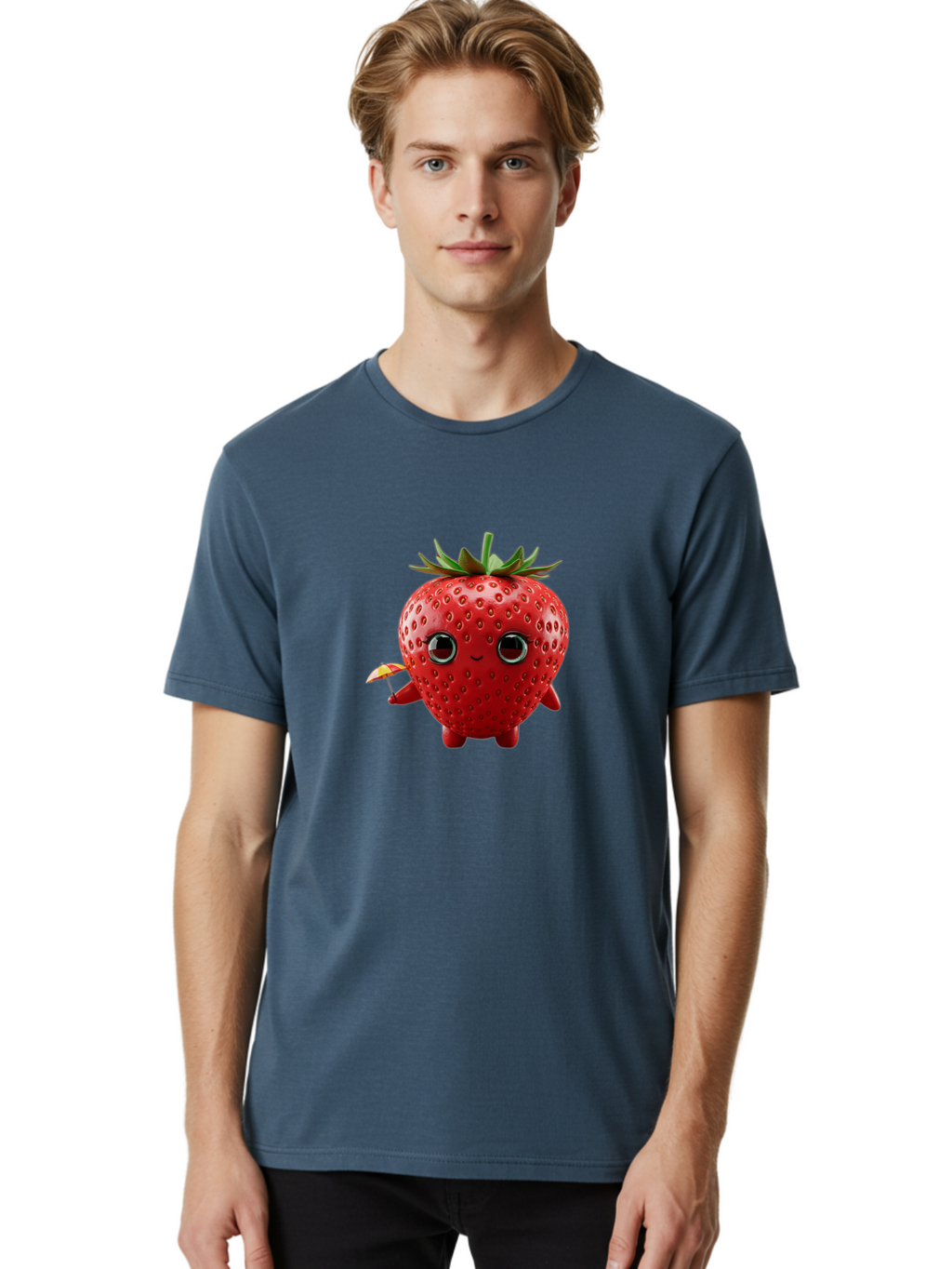 Smiling-Strawberry-1 Men'S Graphic Tee, 100% Cotton, Comfortable Casual Summer Wear, Machine Washable, Cartoon Strawberry Character, Smiling Face, Cute And Playful, Holding A Red And Yellow Umbrella, Kawaii Fruit, Adorable Animation, Bac431